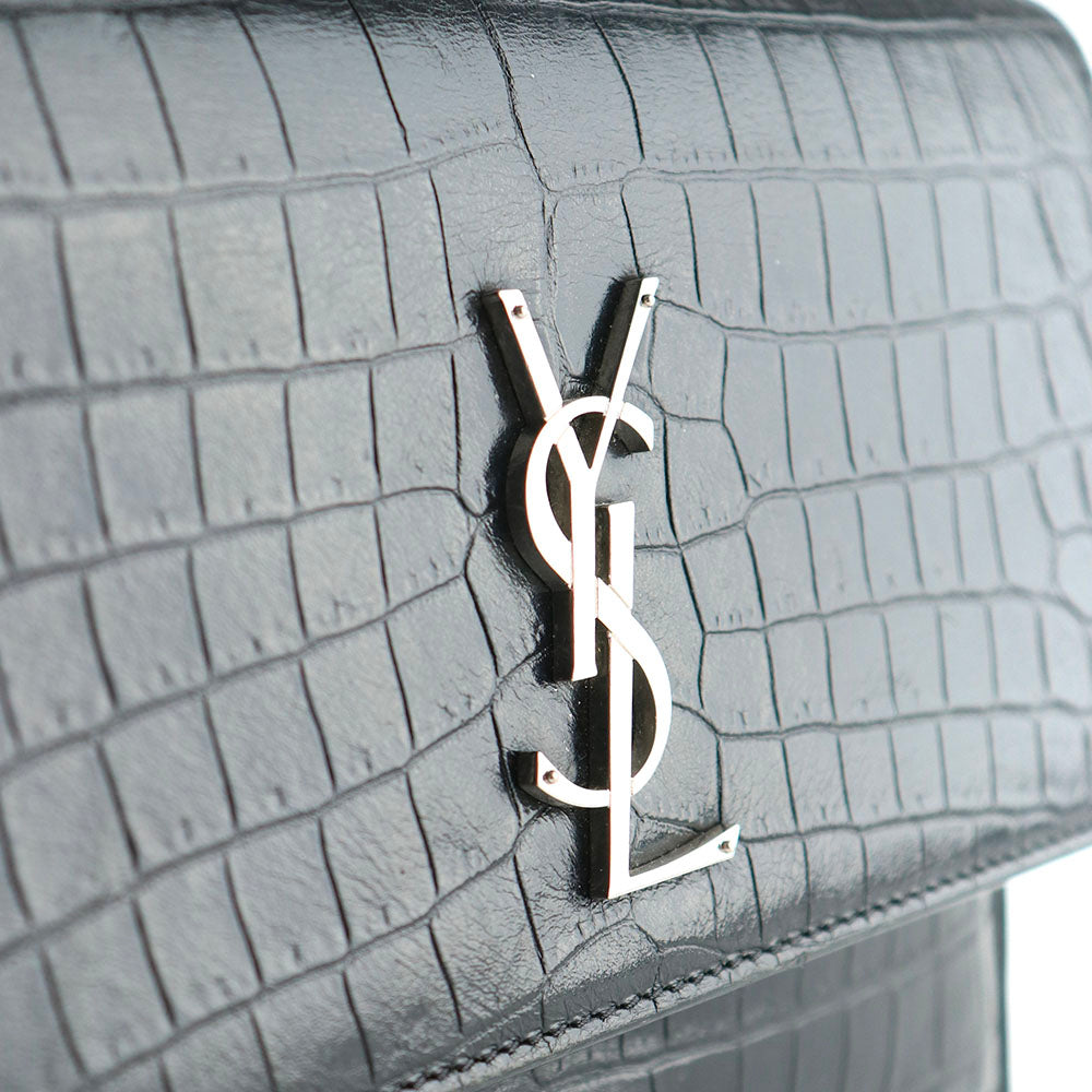 SAINT LAURENT - Medium Sunset shoulder bag in black crocodile-embossed leather