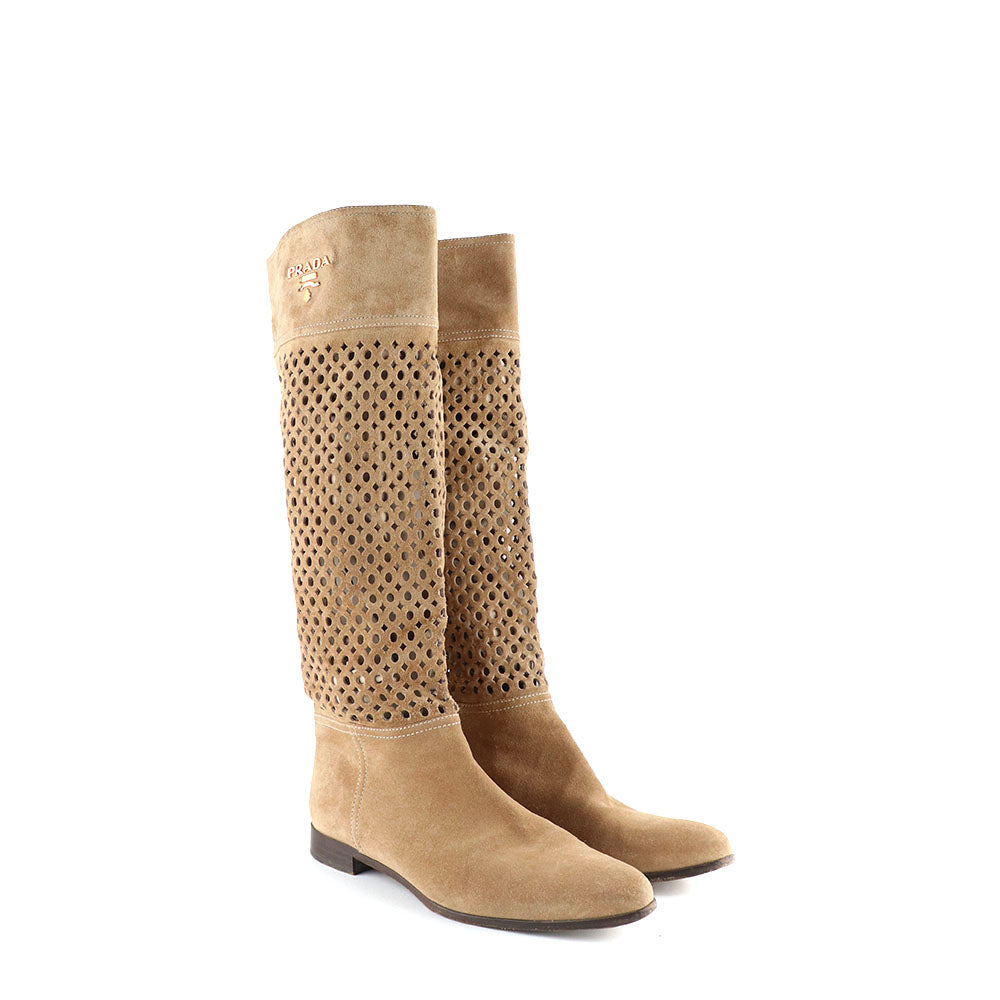 PRADA - Perforated brown suede boots (T38.5)