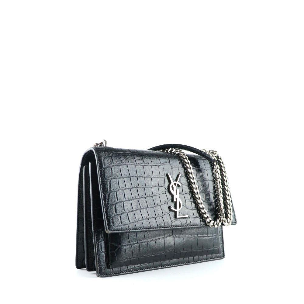 SAINT LAURENT - Medium Sunset shoulder bag in black crocodile-embossed leather