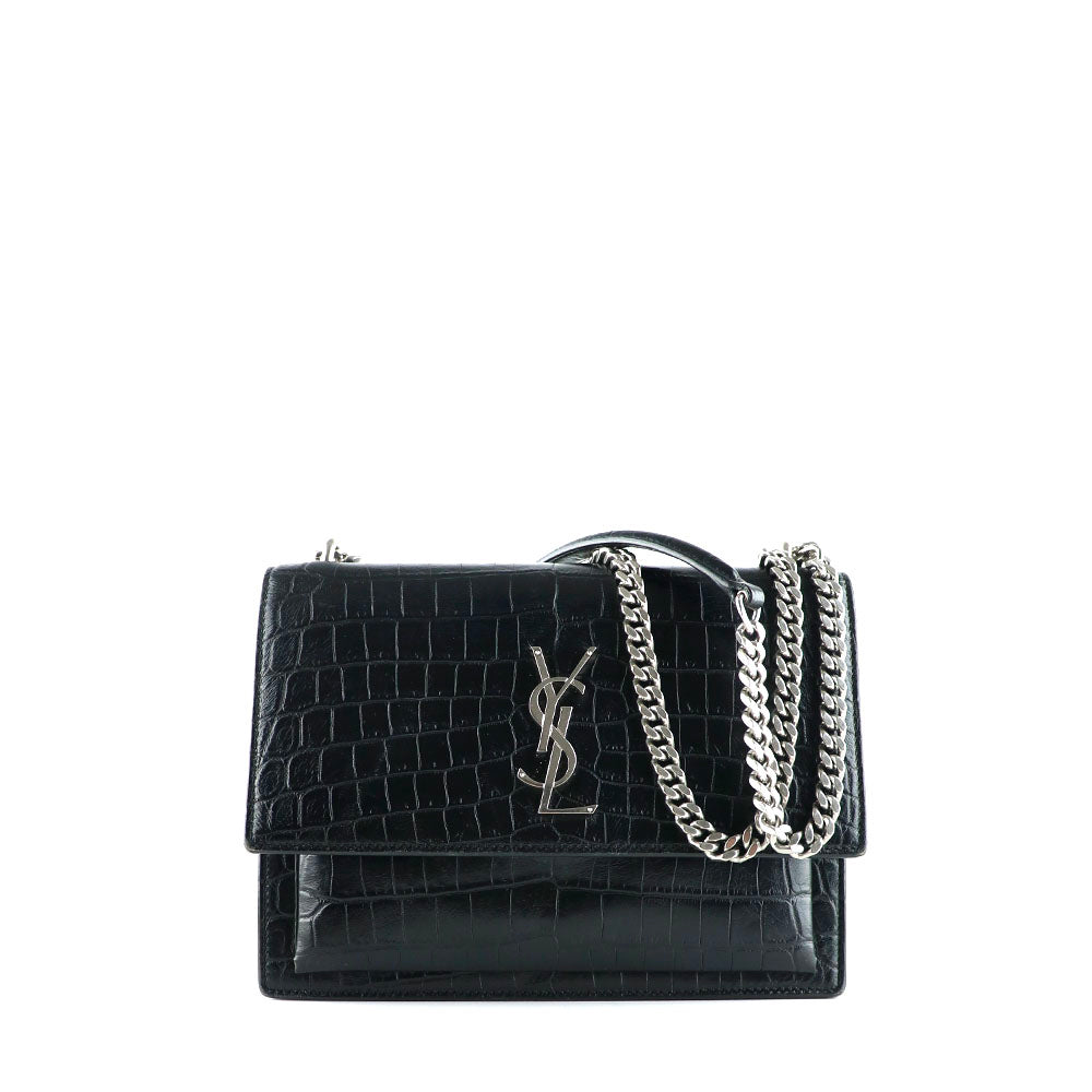 SAINT LAURENT - Medium Sunset shoulder bag in black crocodile-embossed leather