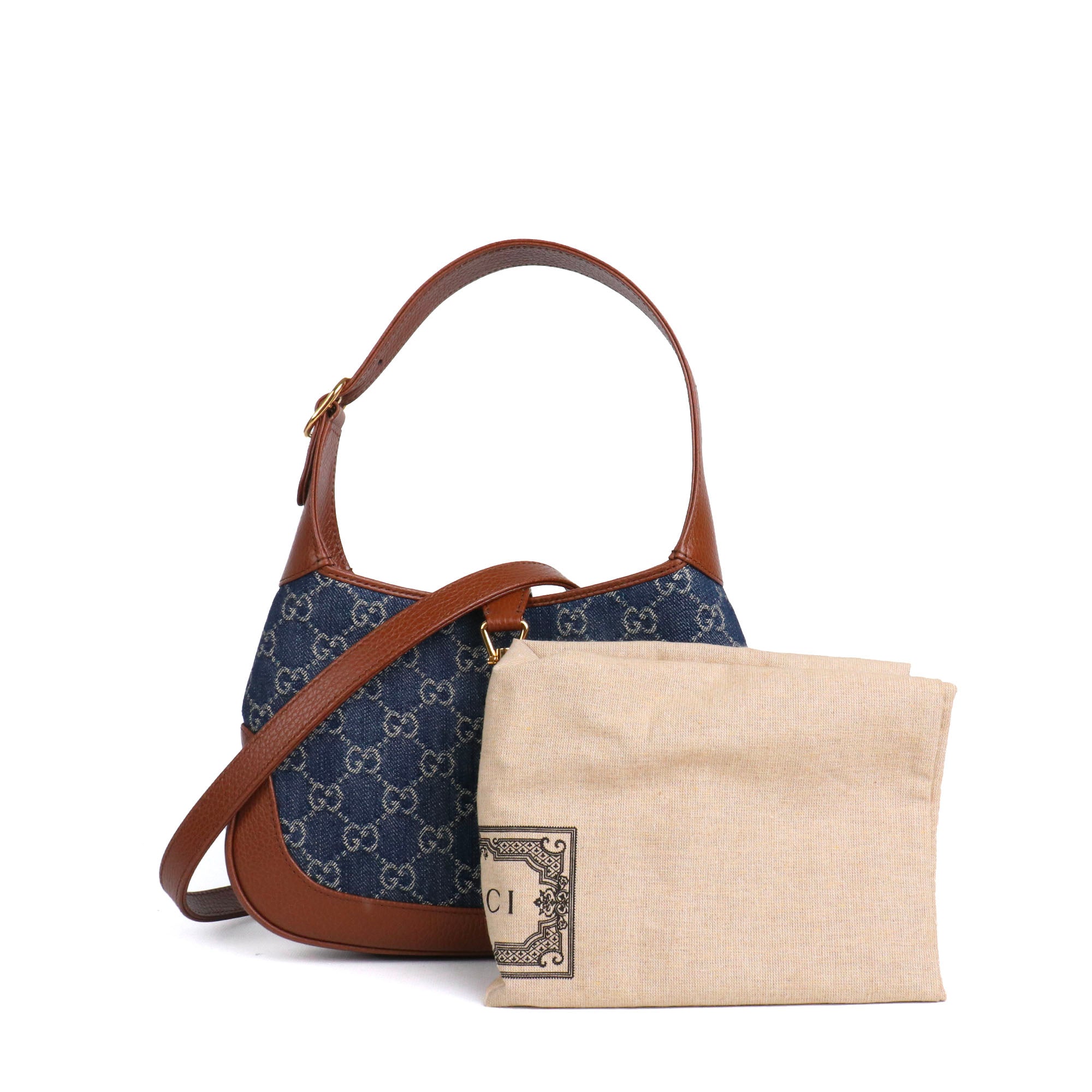 GUCCI - Sac à bandoulière Jackie 1961 Gucci petite taille en denim et cuir grainé marron