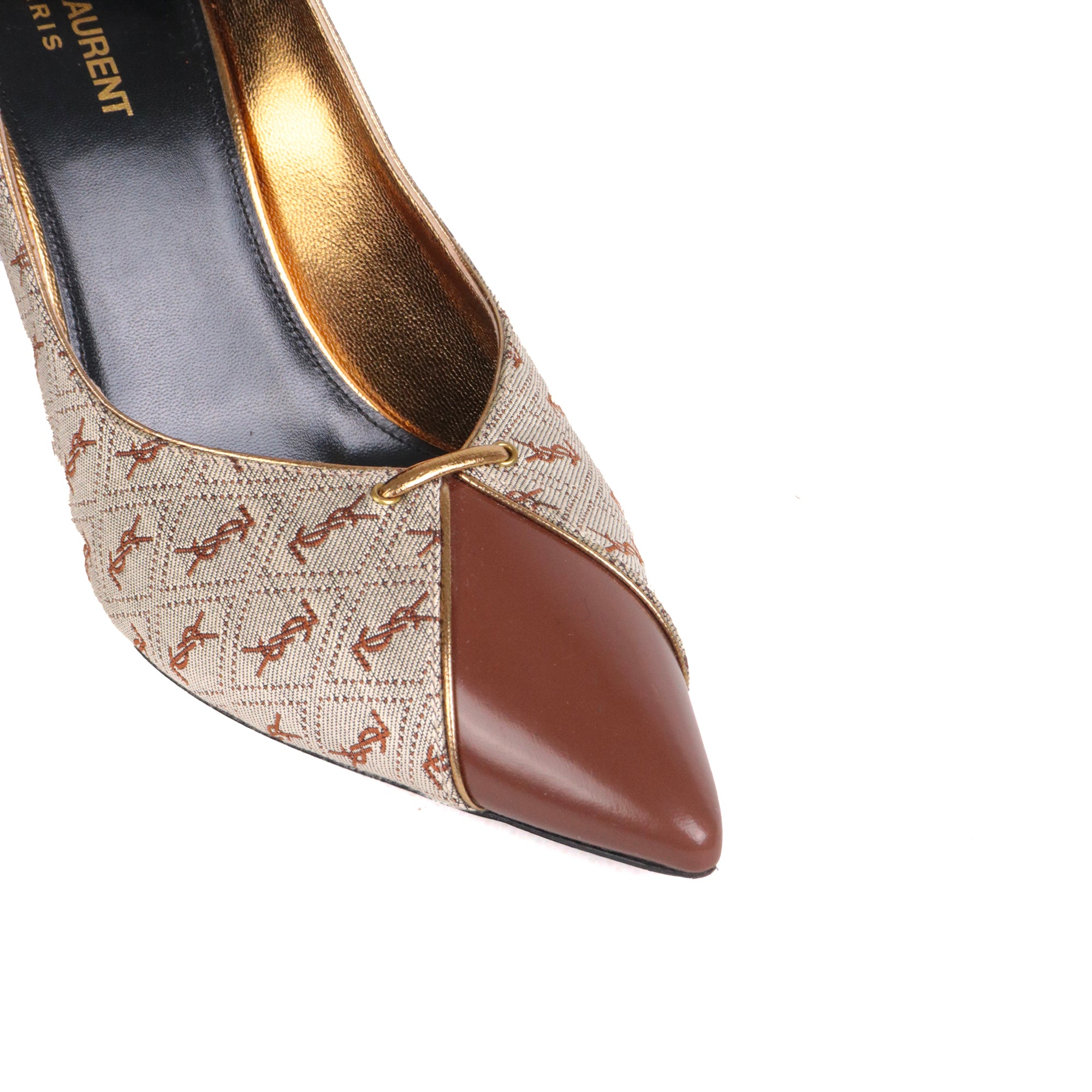 SAINT LAURENT - Escarpins à talon Saint Laurent en toile monogrammée marron (T40)