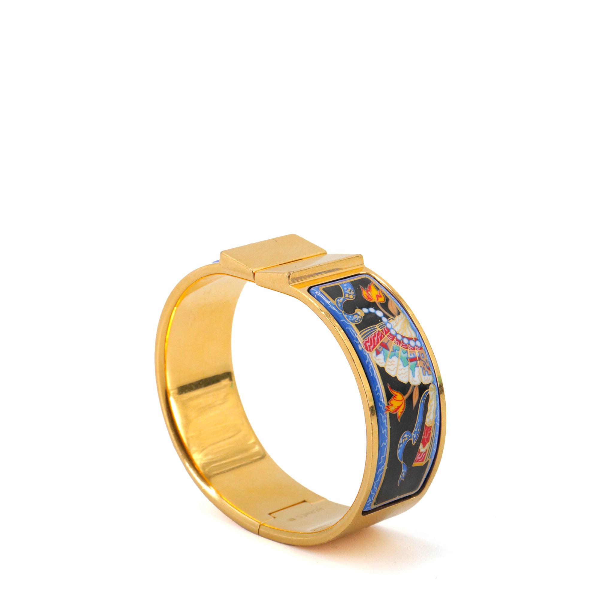 HERMÈS - Bracelet Jonc Hermès en métal doré et émail motif éventail
