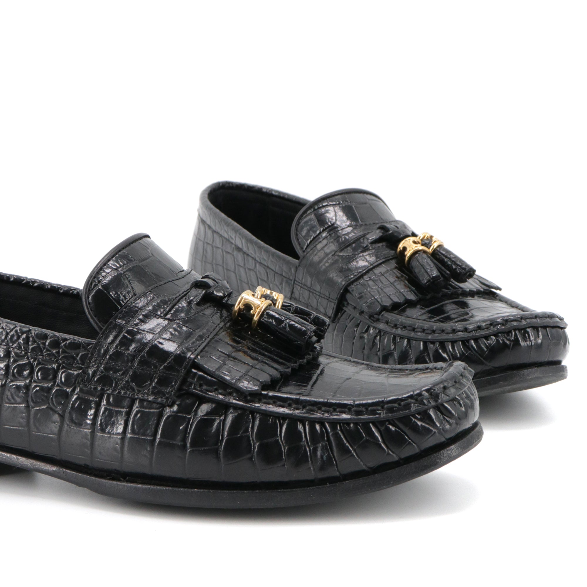 CELINE - Celine Triomphe loafers in black croc-embossed leather (size 37.5)