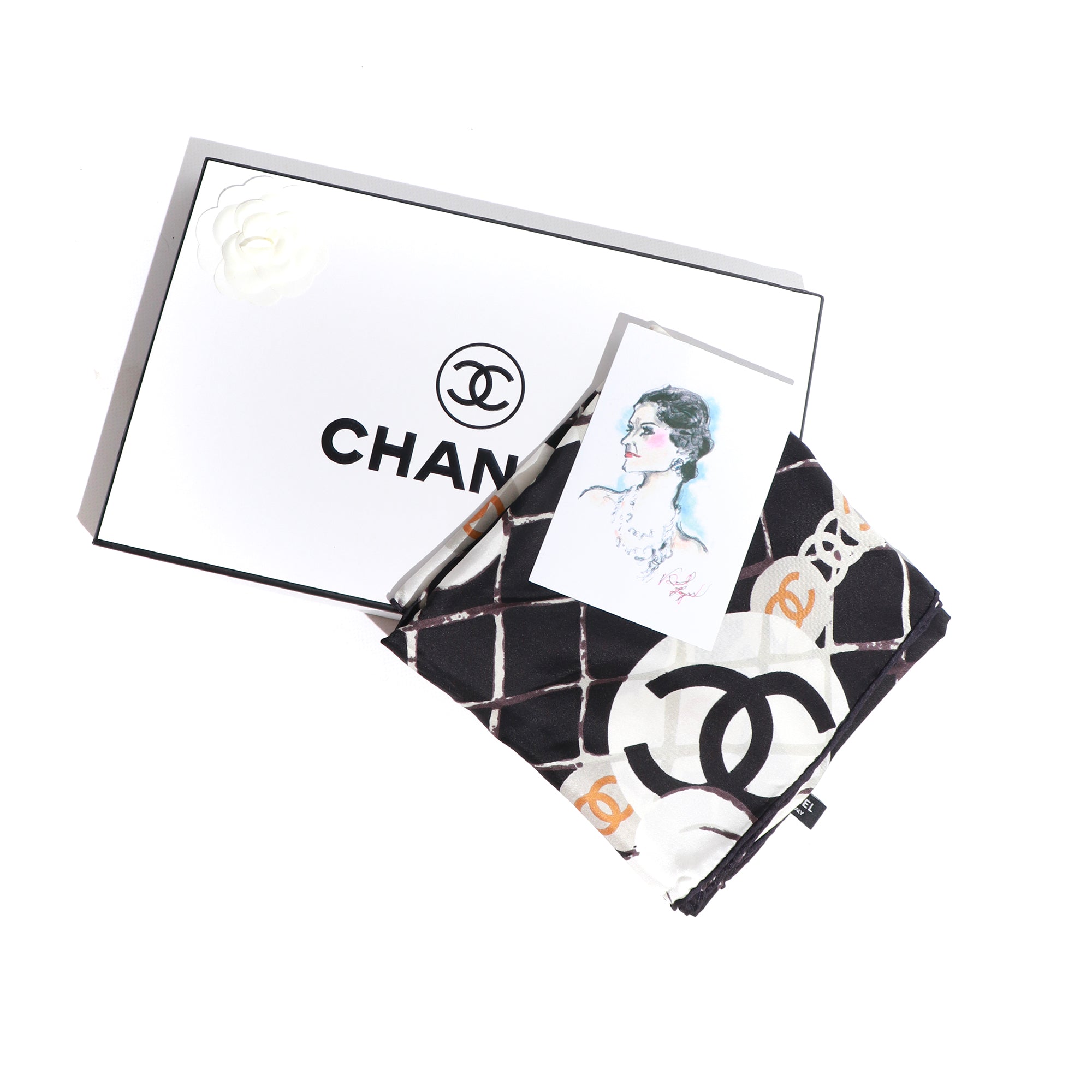 CHANEL - Carré de soie 90 camélia noir et doré