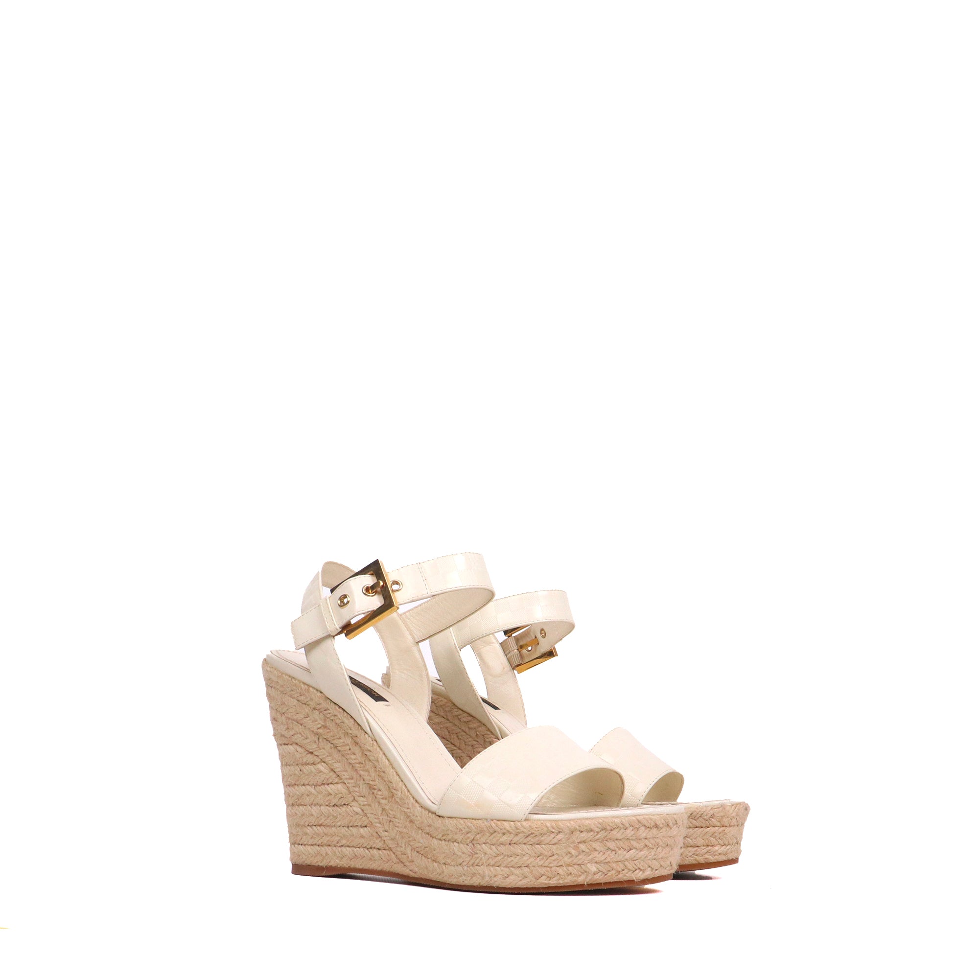 LOUIS VUITTON - Sandales compensées Louis Vuitton en cuir blanc crème (T37.5)