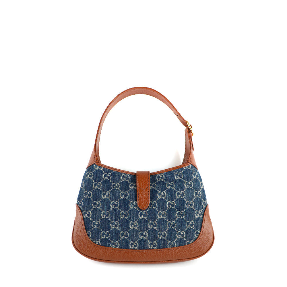 GUCCI - Sac à bandoulière Jackie 1961 petite taille en denim et cuir grainé marron