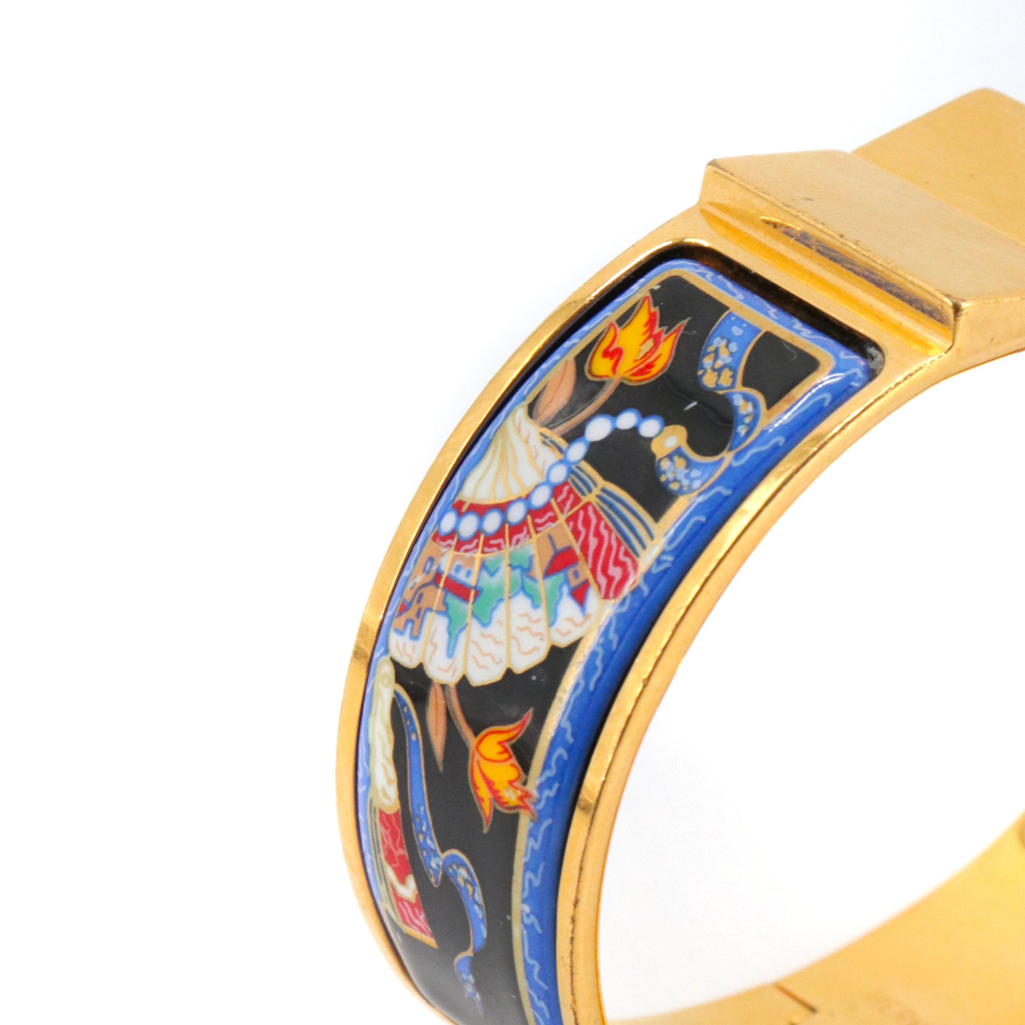 HERMÈS - Bracelet Jonc Hermès en métal doré et émail motif éventail