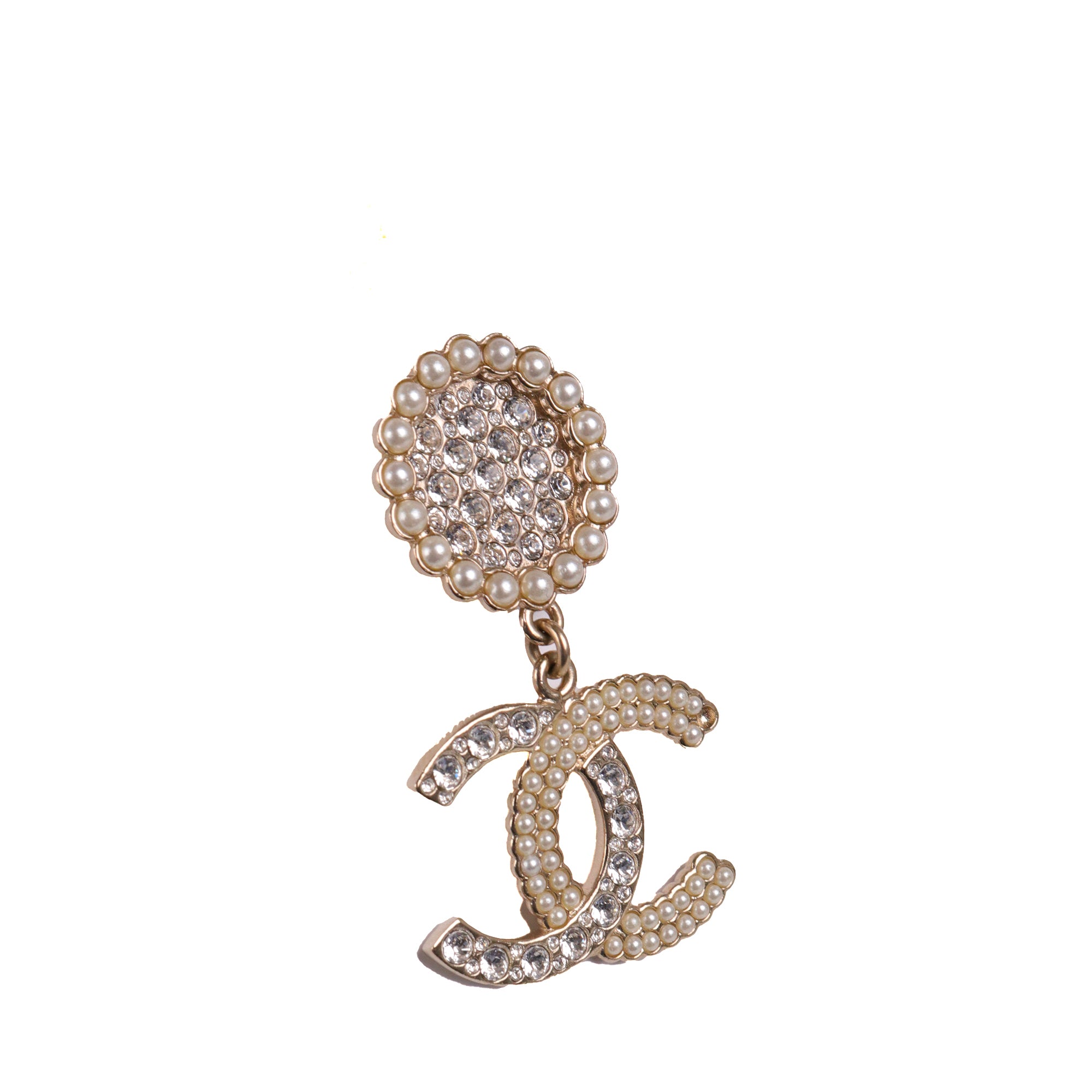 CHANEL - Boucles d'oreilles CC Chanel à strass couleur champagne