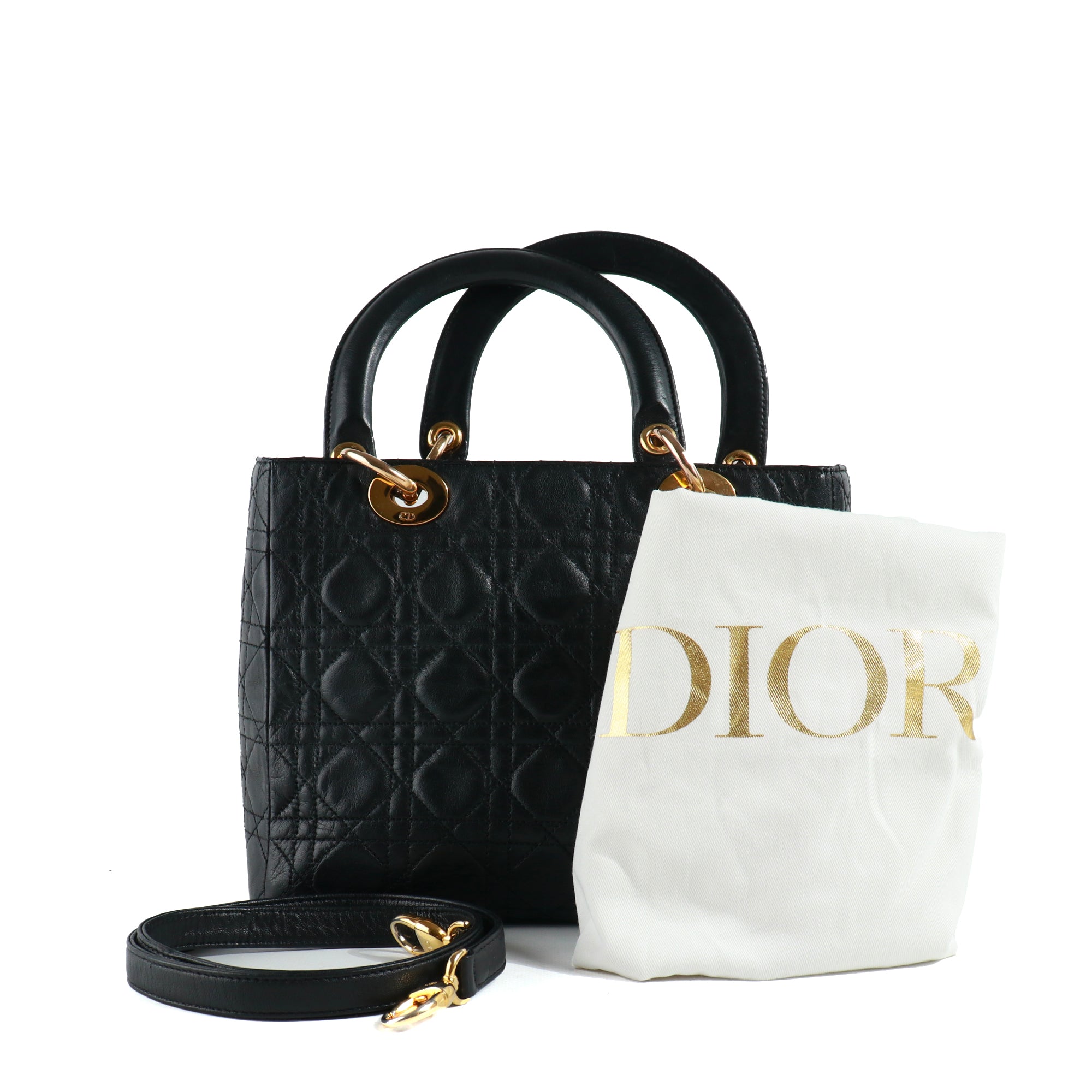 DIOR - Sac à main Lady Dior medium en cuir noir vintage
