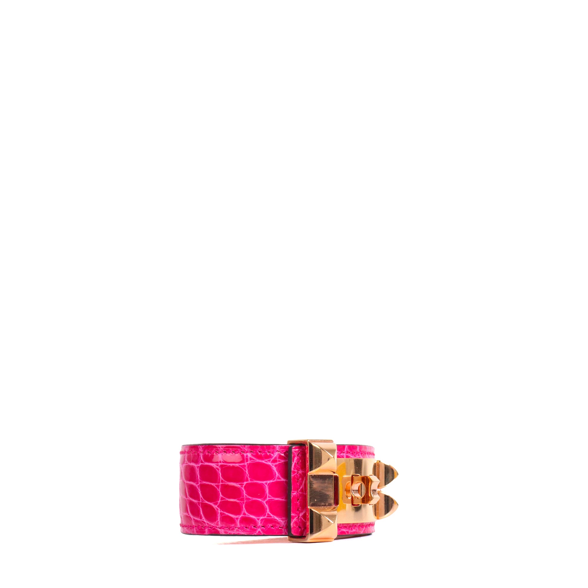 HERMÈS - Bracelet Collier de Chien Hermes en cuir d'alligator rose (T2)