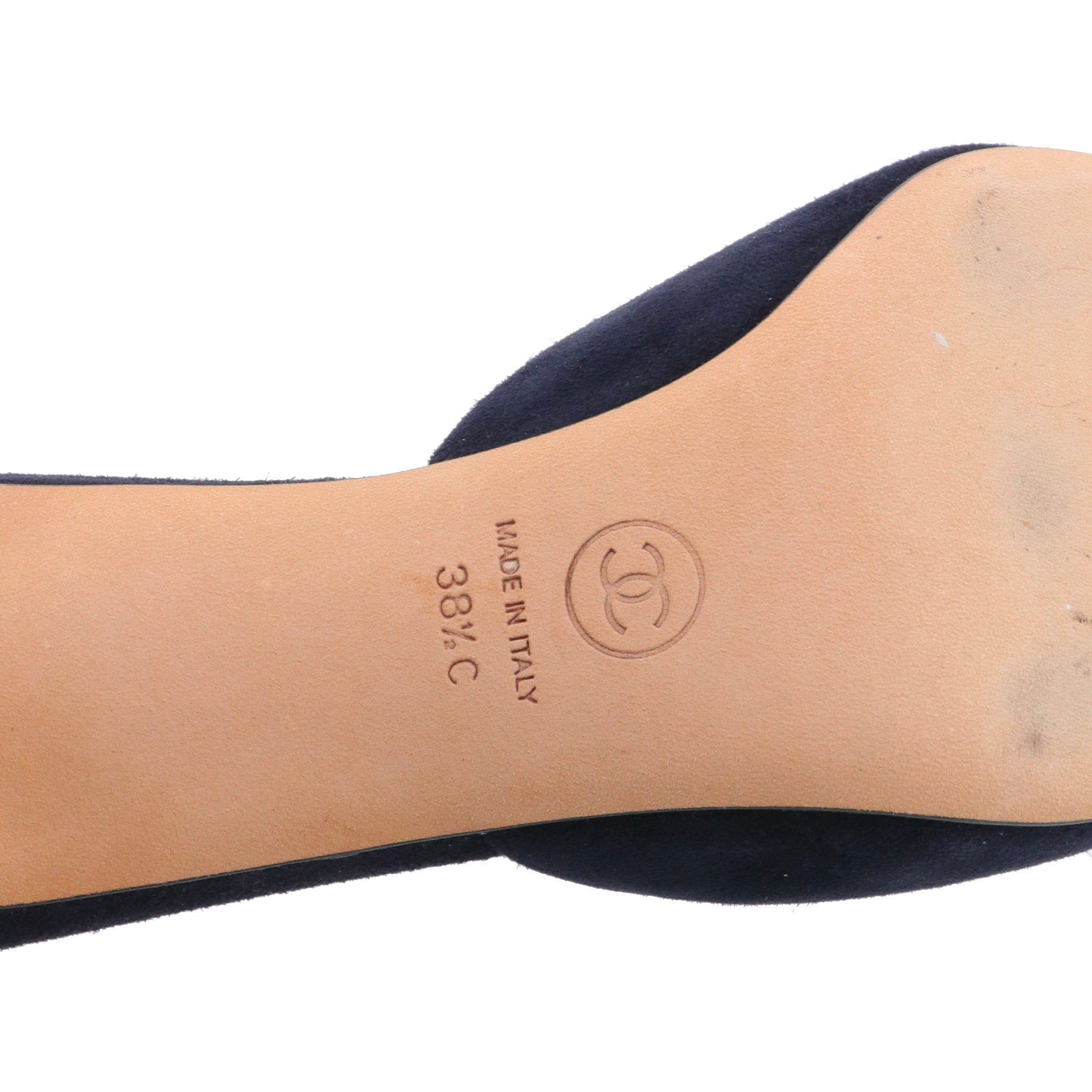 CHANEL - Mules à talon Chanel en daim bleu marine (T38.5)