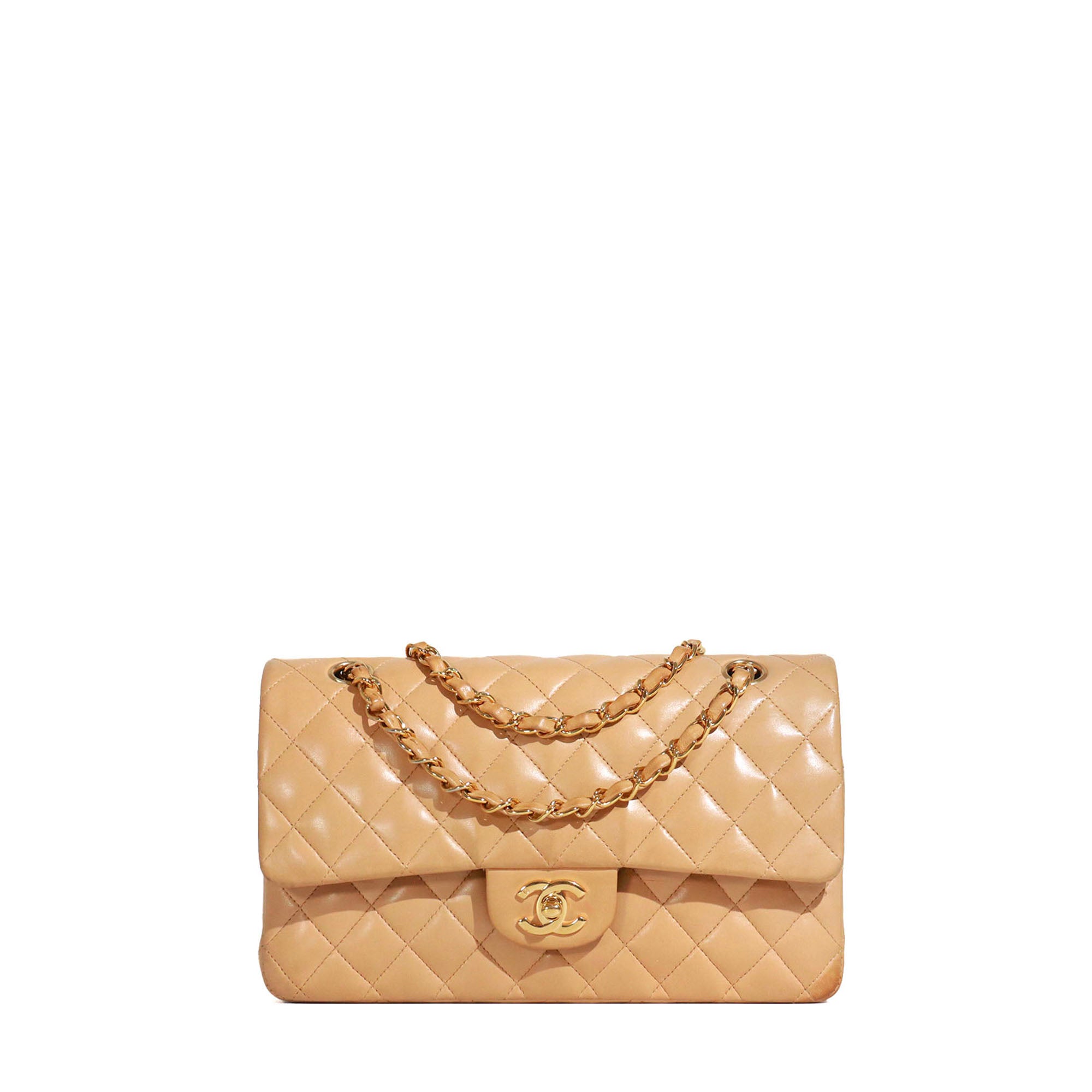 CHANEL - Sac à main Timeless 25 double flap en cuir matelassé beige