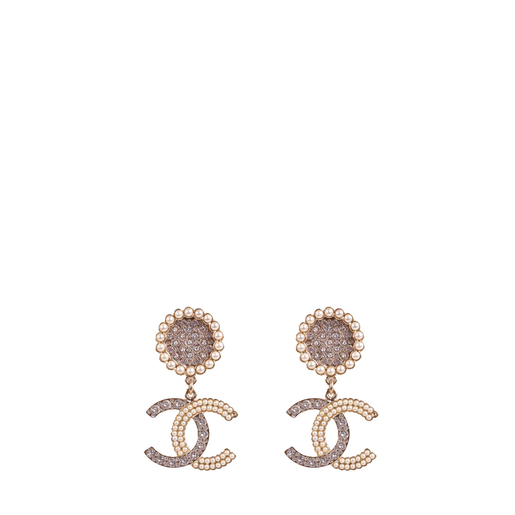 CHANEL - Boucles d'oreilles CC Chanel à strass couleur champagne