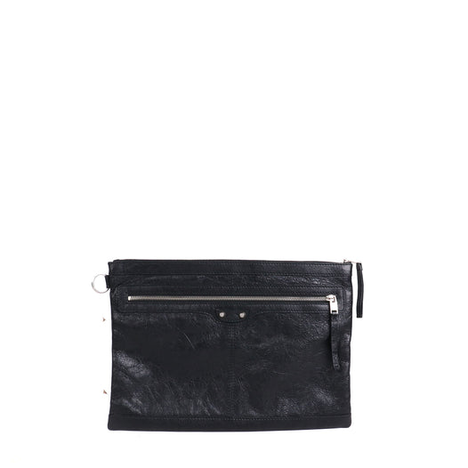 BALENCIAGA - Pochette City Balenciaga en cuir froissé noir