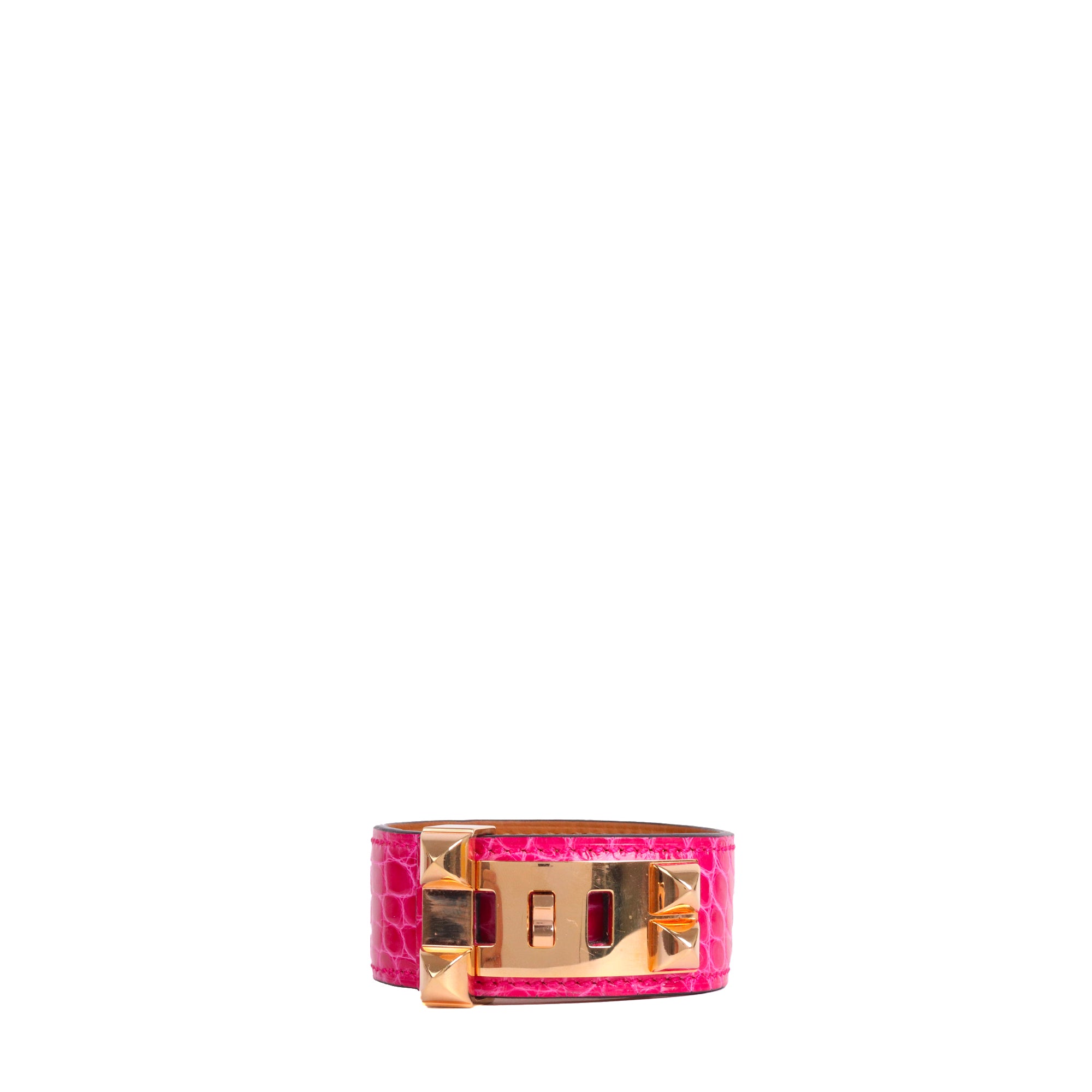HERMÈS - Bracelet Collier de Chien Hermes en cuir d'alligator rose (T2)