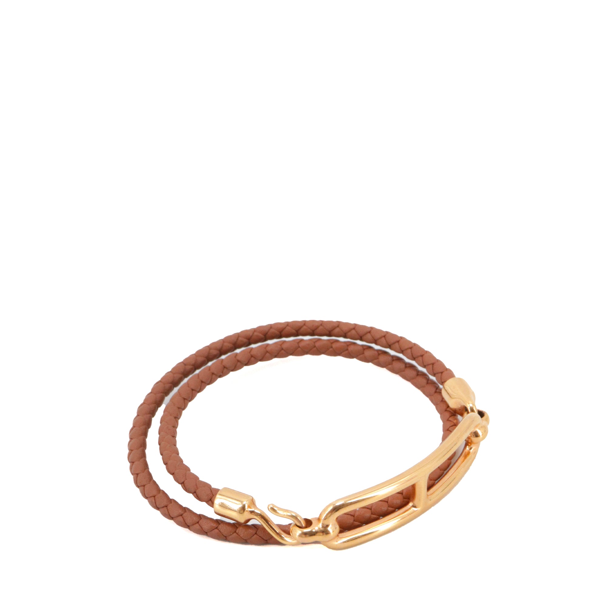 HERMÈS - Bracelet Roulis double tour Hermès en cuir tressé gold (T1)