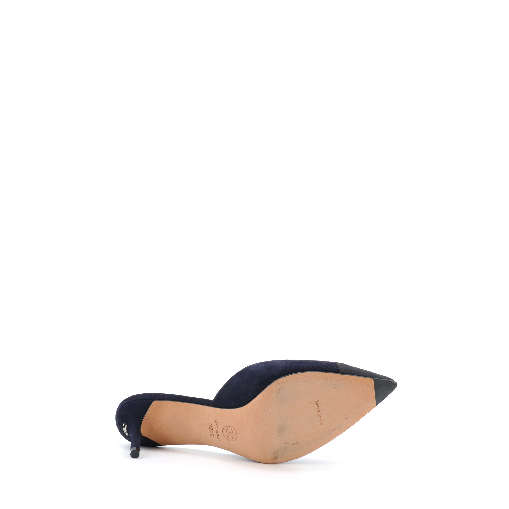 CHANEL - Mules à talon Chanel en daim bleu marine (T38.5)