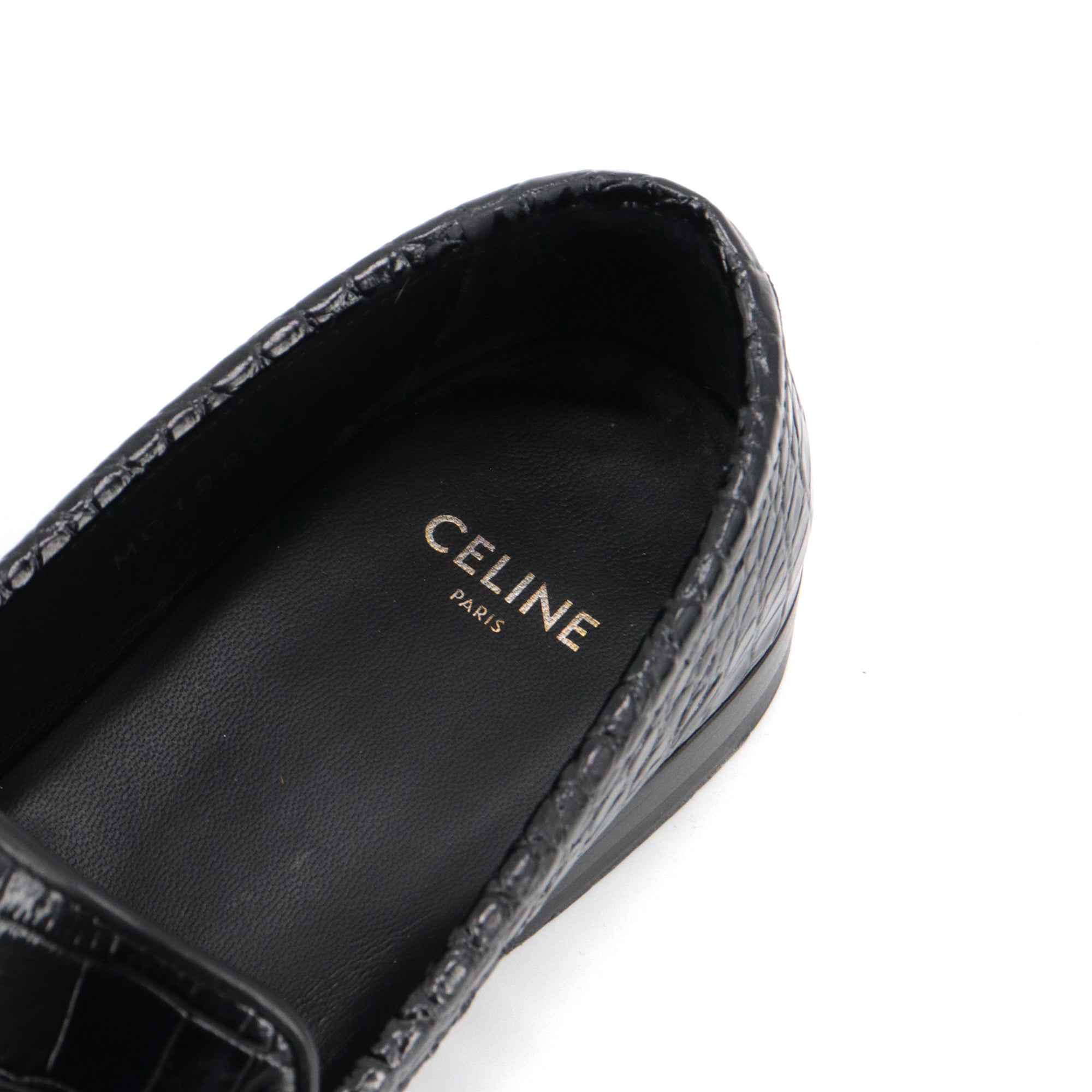 CELINE - Celine Triomphe loafers in black croc-embossed leather (size 37.5)