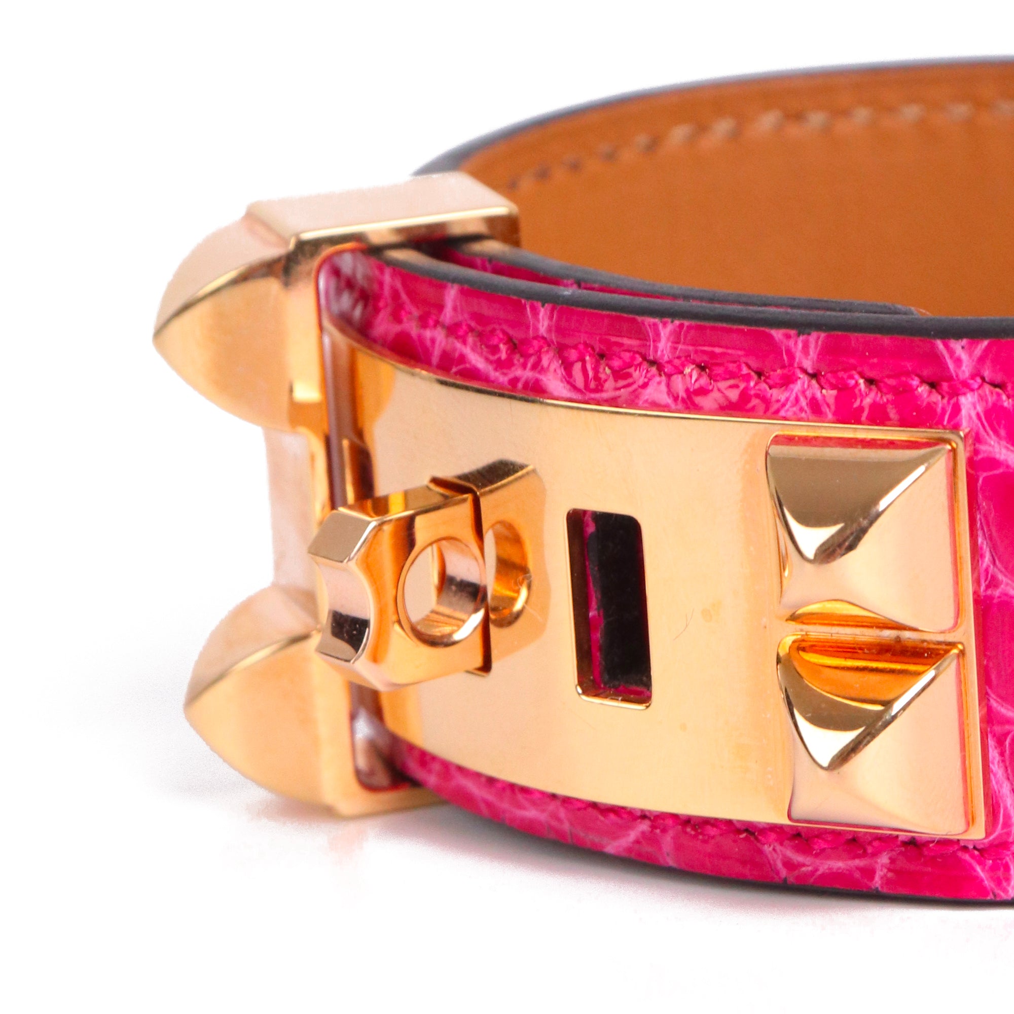 HERMÈS - Bracelet Collier de Chien Hermes en cuir d'alligator rose (T2)