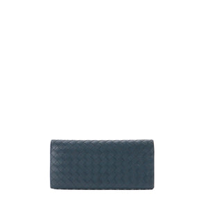 BOTTEGA VENETA - Portefeuille à rabat intrecciato Bottega Veneta en cuir bleu marine