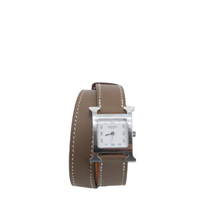 HERMÈS - Montre Heure H Mini double tour Hermès en cuir étoupe