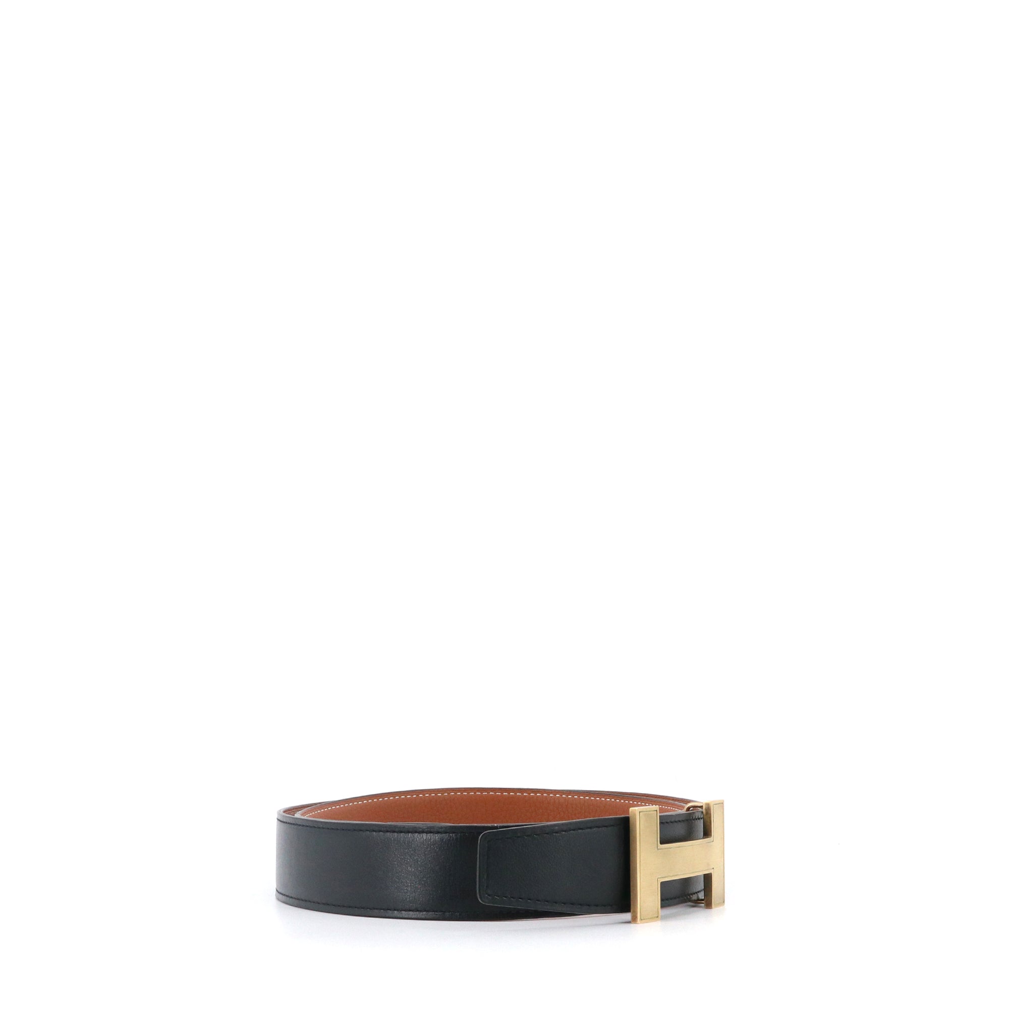 HERMÈS - Ceinture réversible H Hermès en cuir lisse noir (T90)