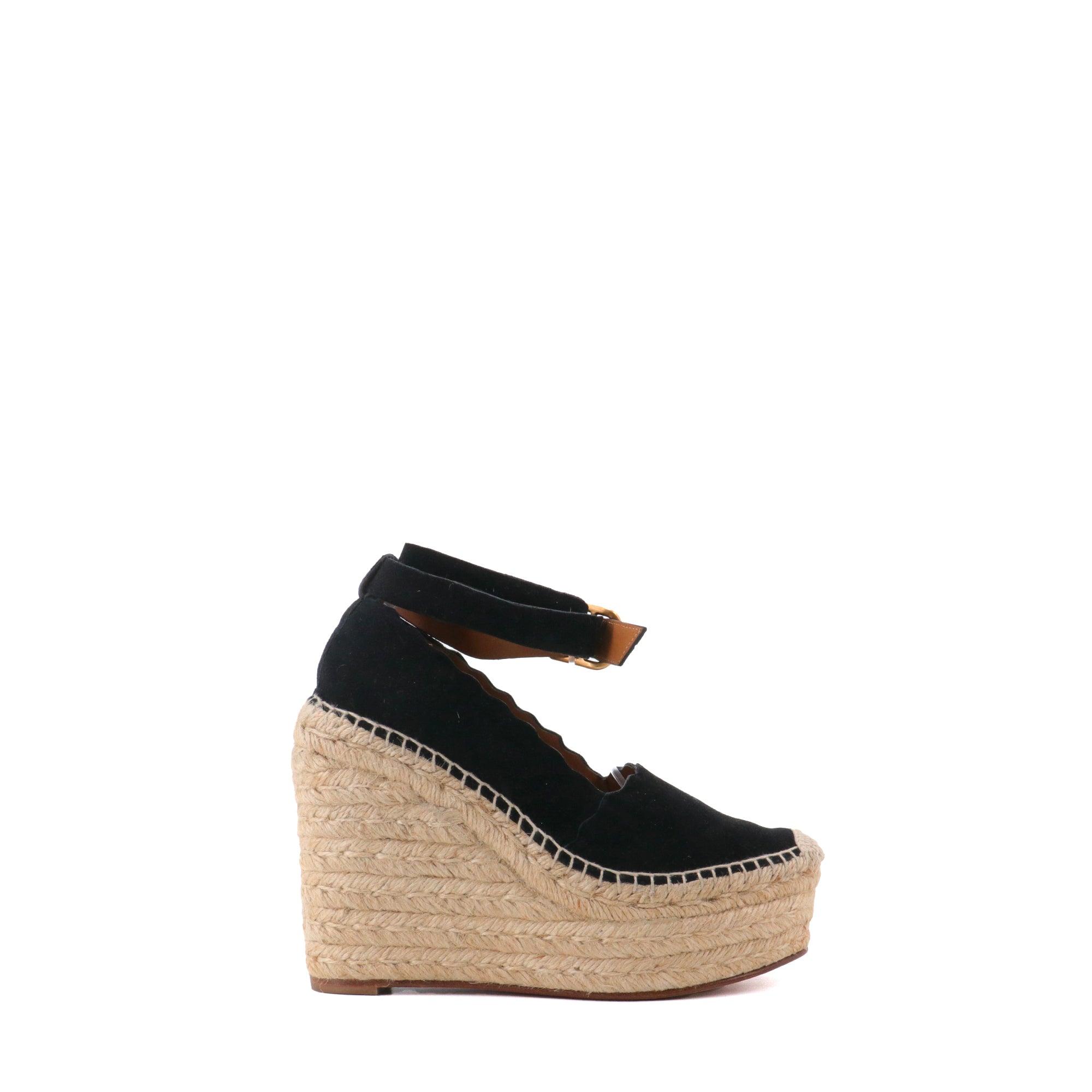 CHLOÉ - Sandales à talon compensé Chloé en daim noir (T37)