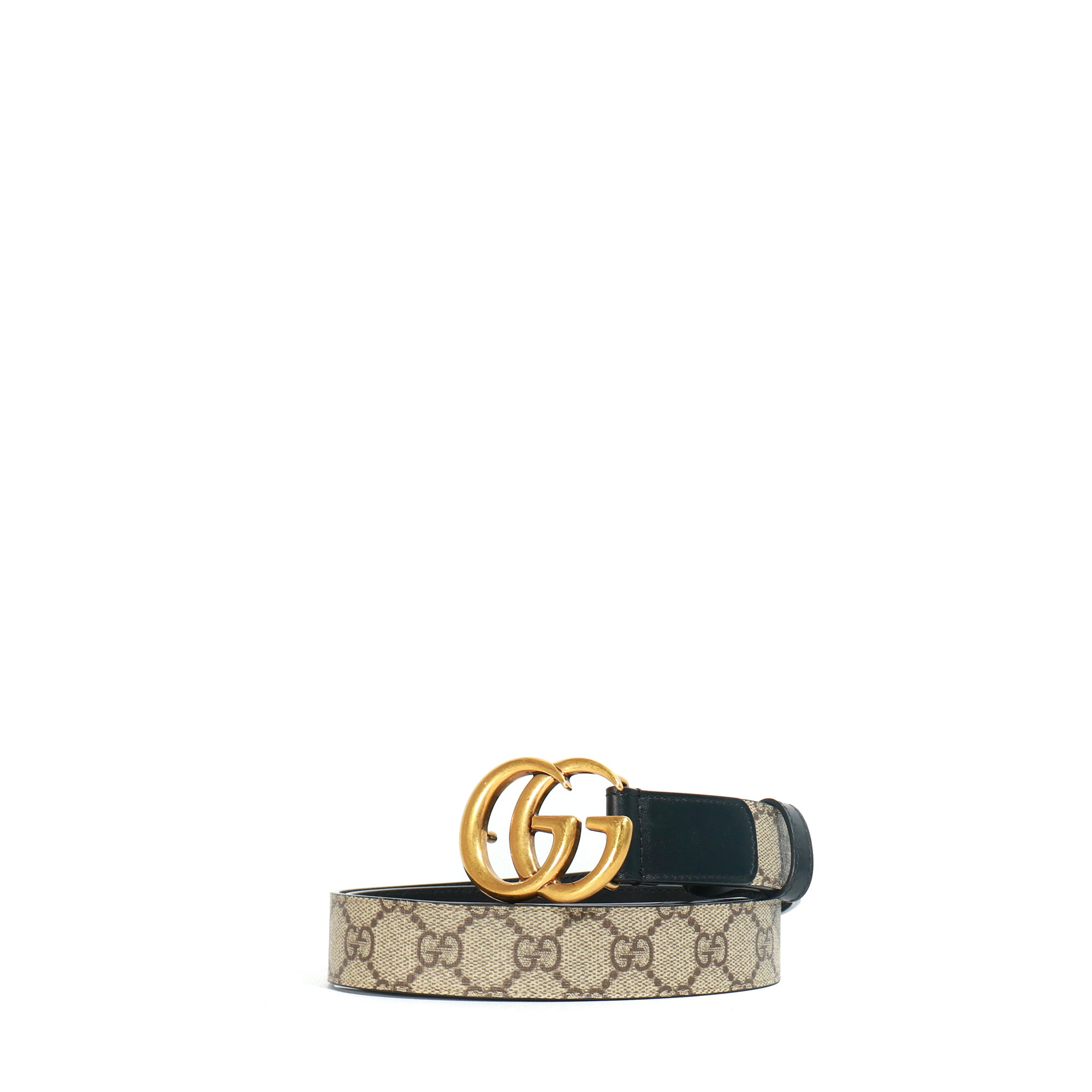 GUCCI - Ceinture GG Buckle en cuir lisse noir et toile monogrammée (T85)