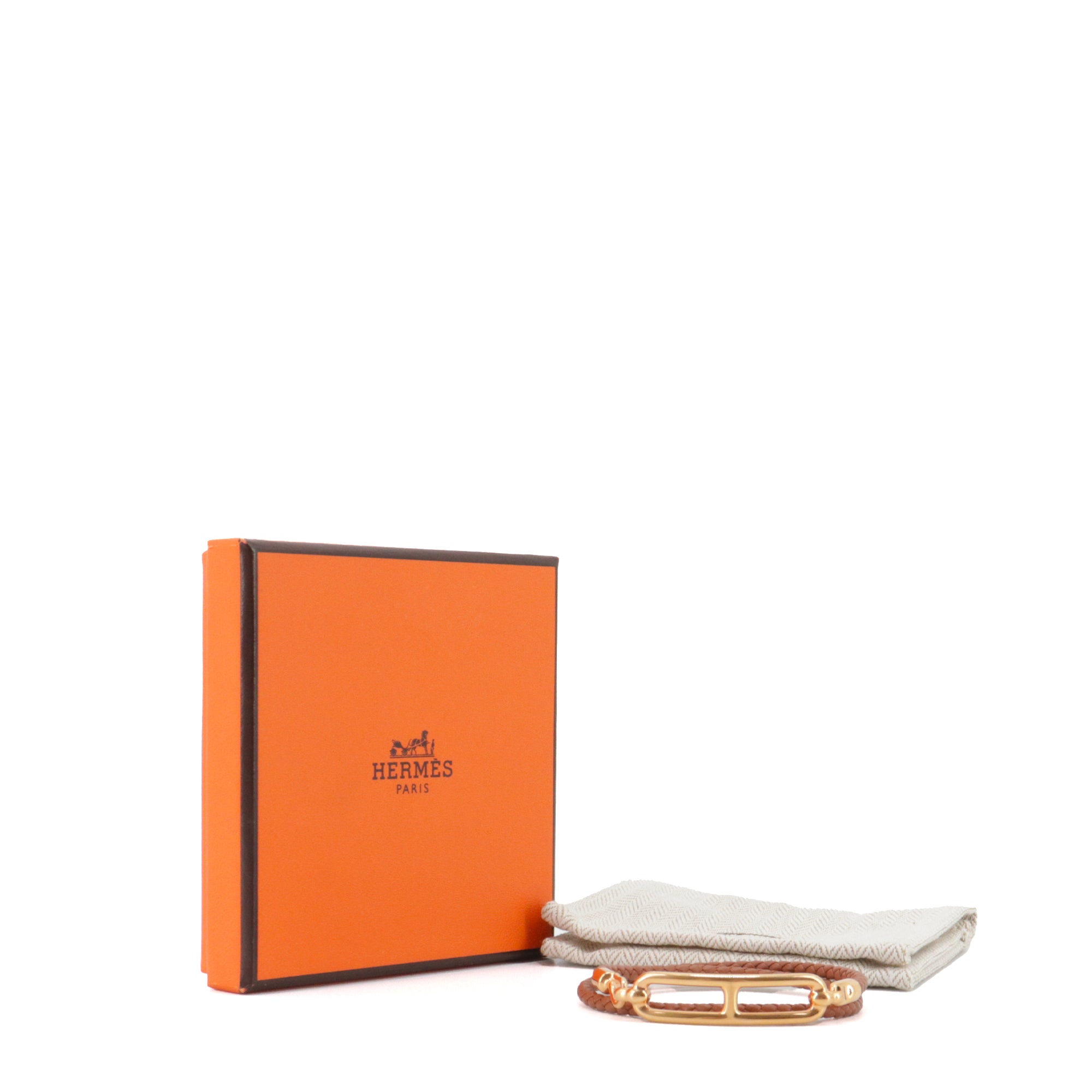 HERMÈS - Bracelet Roulis double tour Hermès en cuir tressé gold (T1)