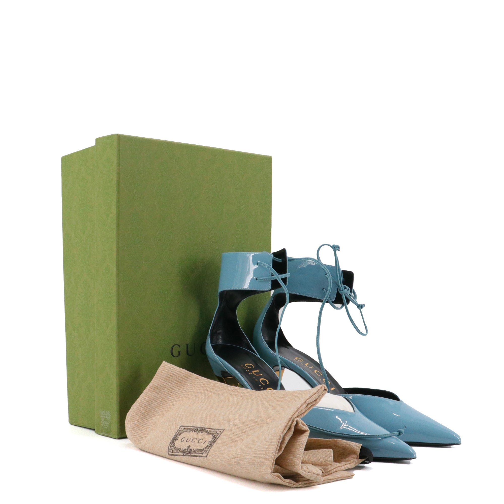 GUCCI - Escarpins à talon Gucci en cuir verni bleu (T39.5)
