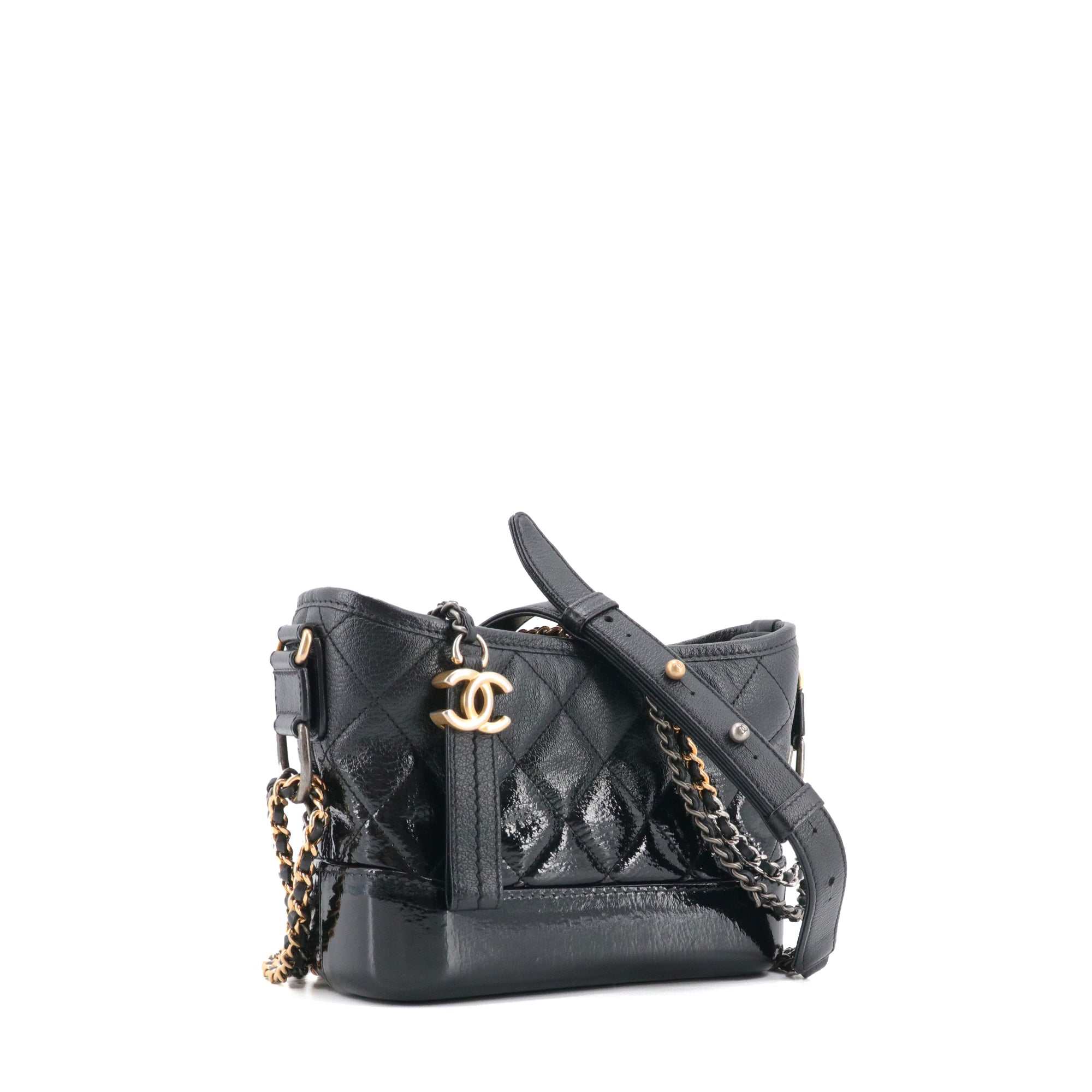 CHANEL - Chanel Gabrielle mini shoulder bag in black smooth and patent leather
