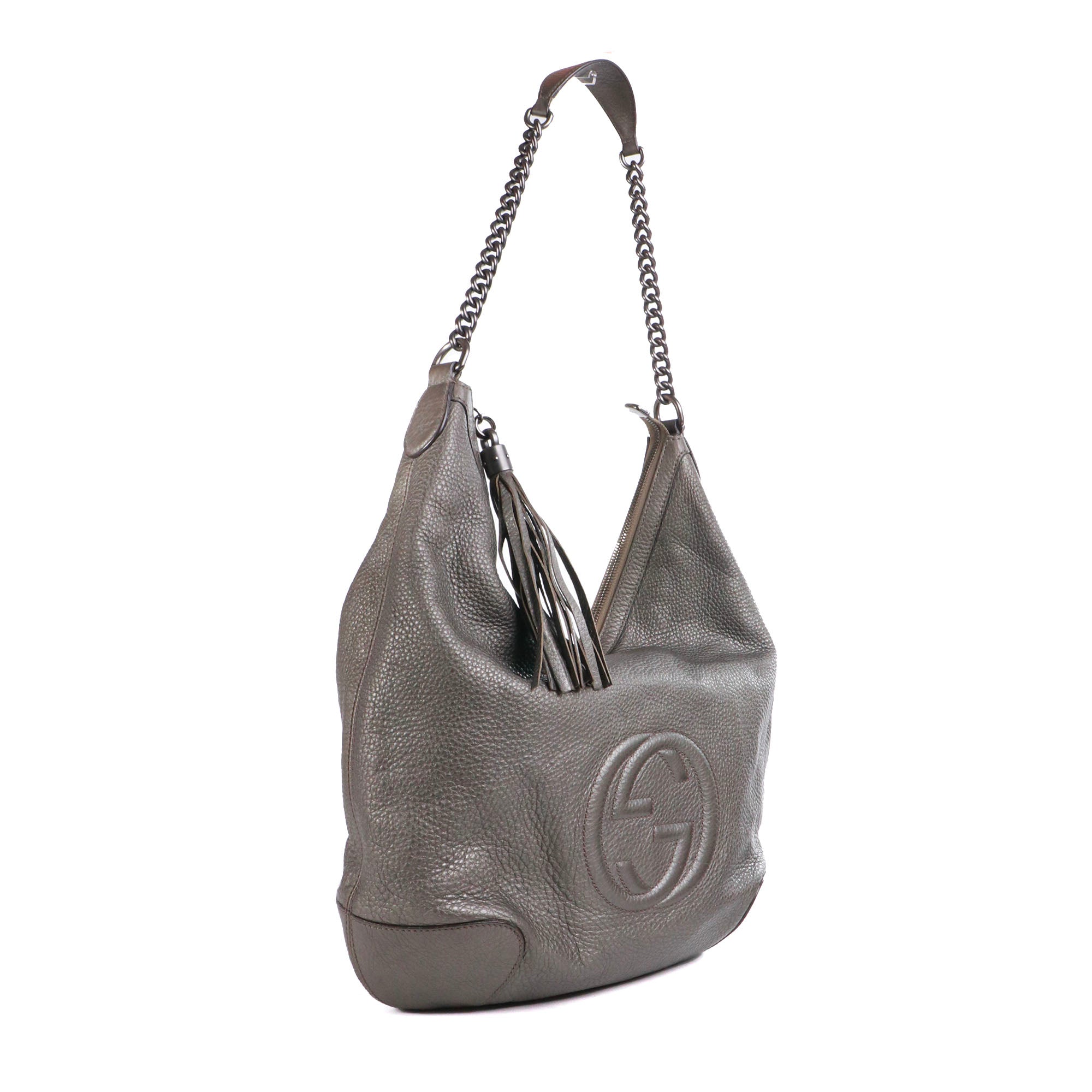 GUCCI - Sac cabas Soho Gucci en cuir grainé argenté vintage