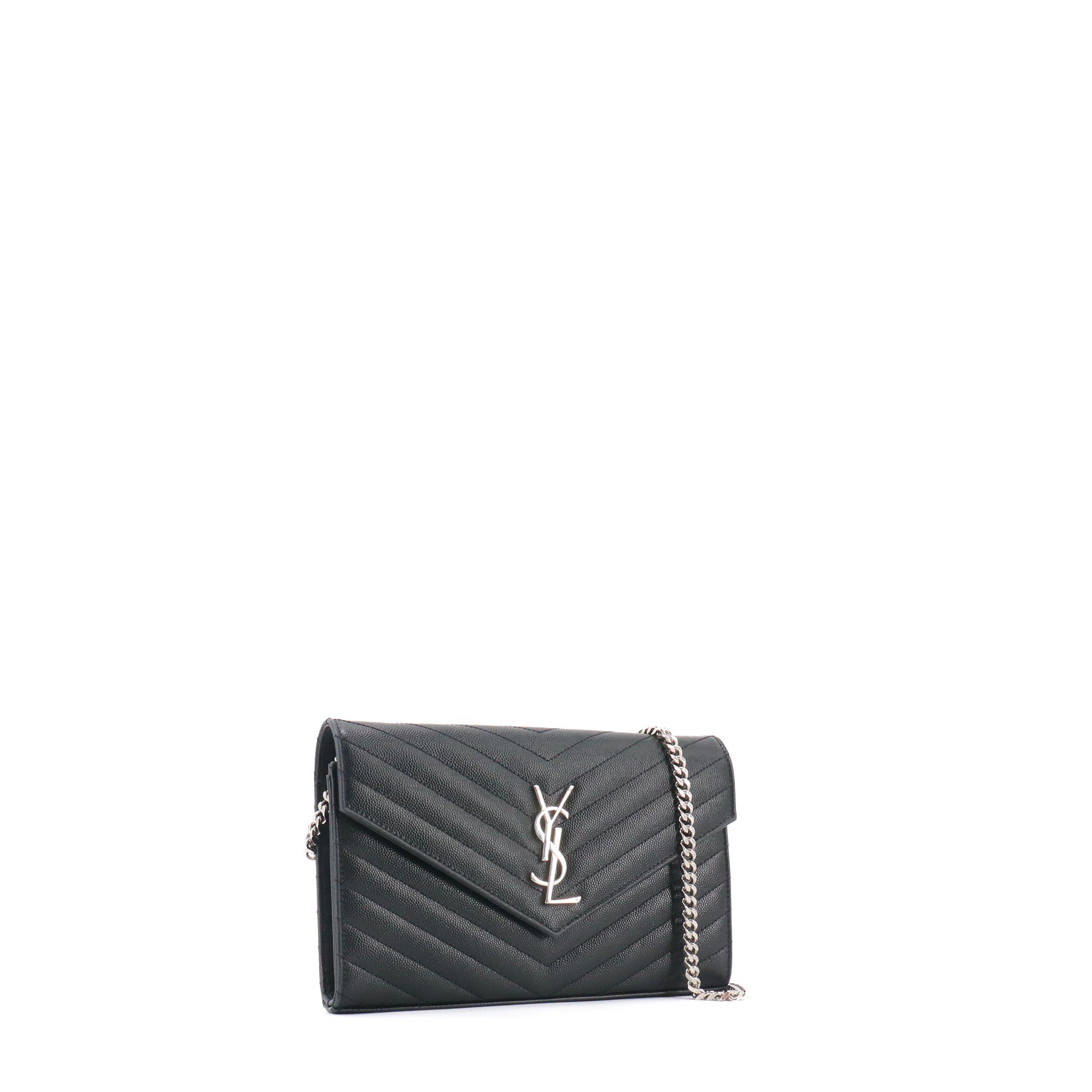 SAINT LAURENT - Sac à bandoulière Wallet on chain Cassandre Saint Laurent cuir grainé chevron noir