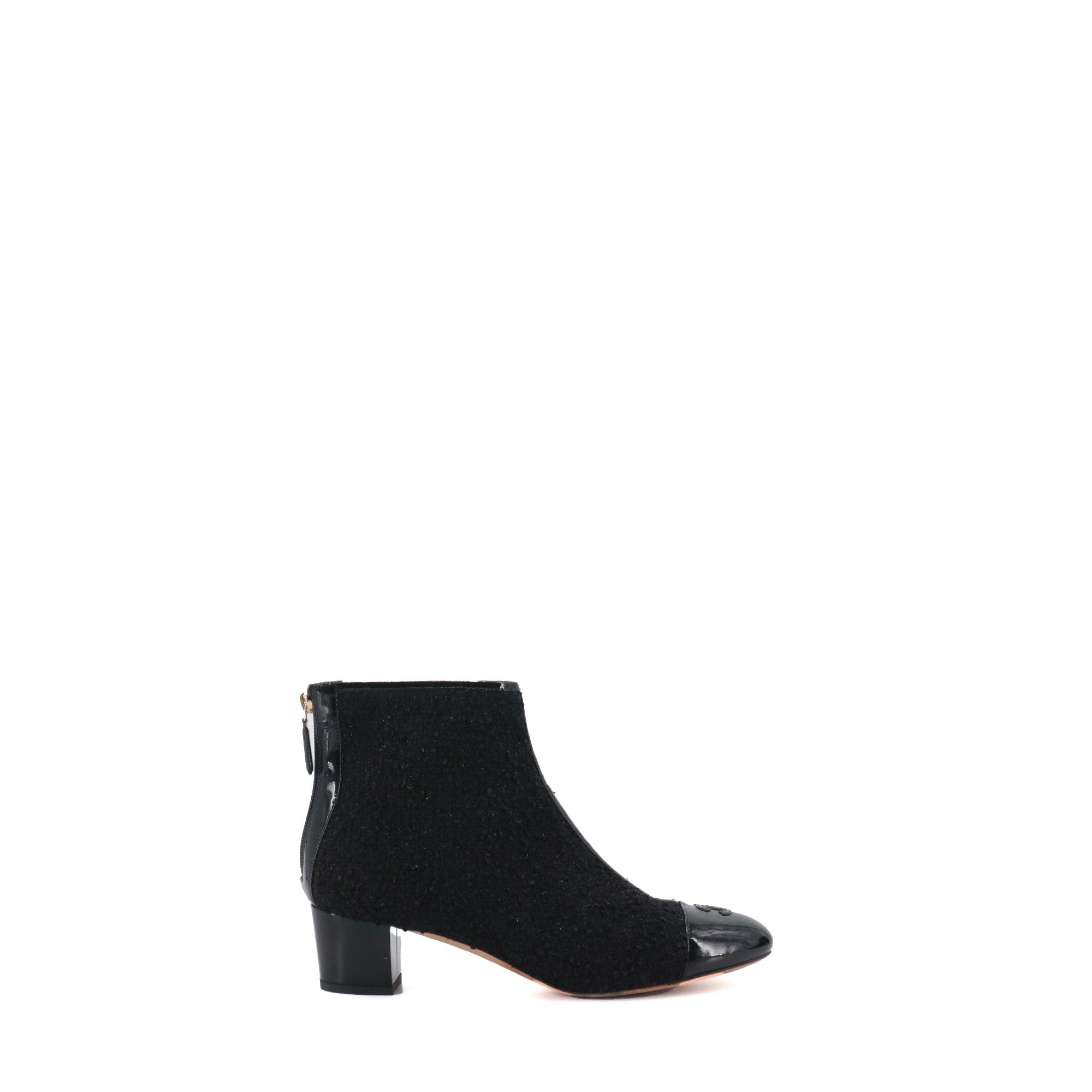 CHANEL - Bottines à talon Chanel en tweed et cuir verni noir (T41,5)