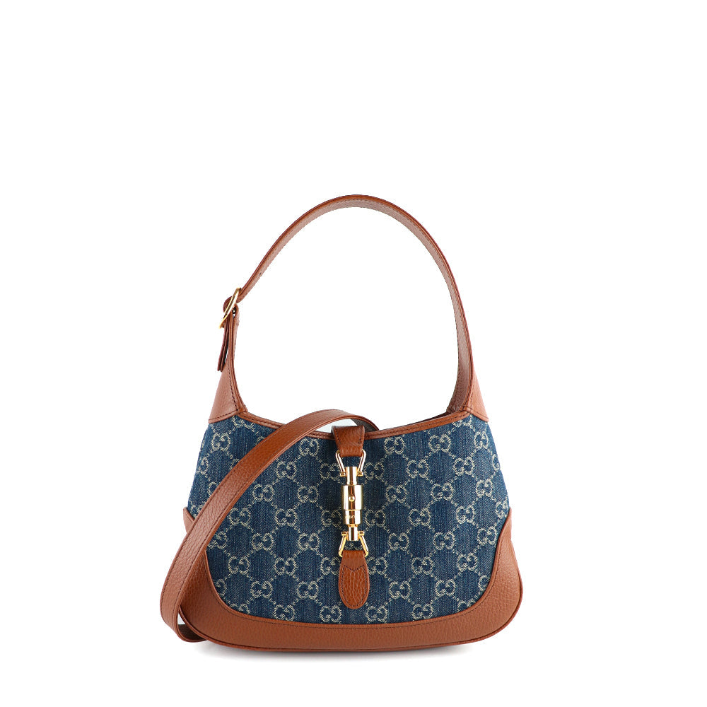 GUCCI - Sac à bandoulière Jackie 1961 petite taille en denim et cuir grainé marron