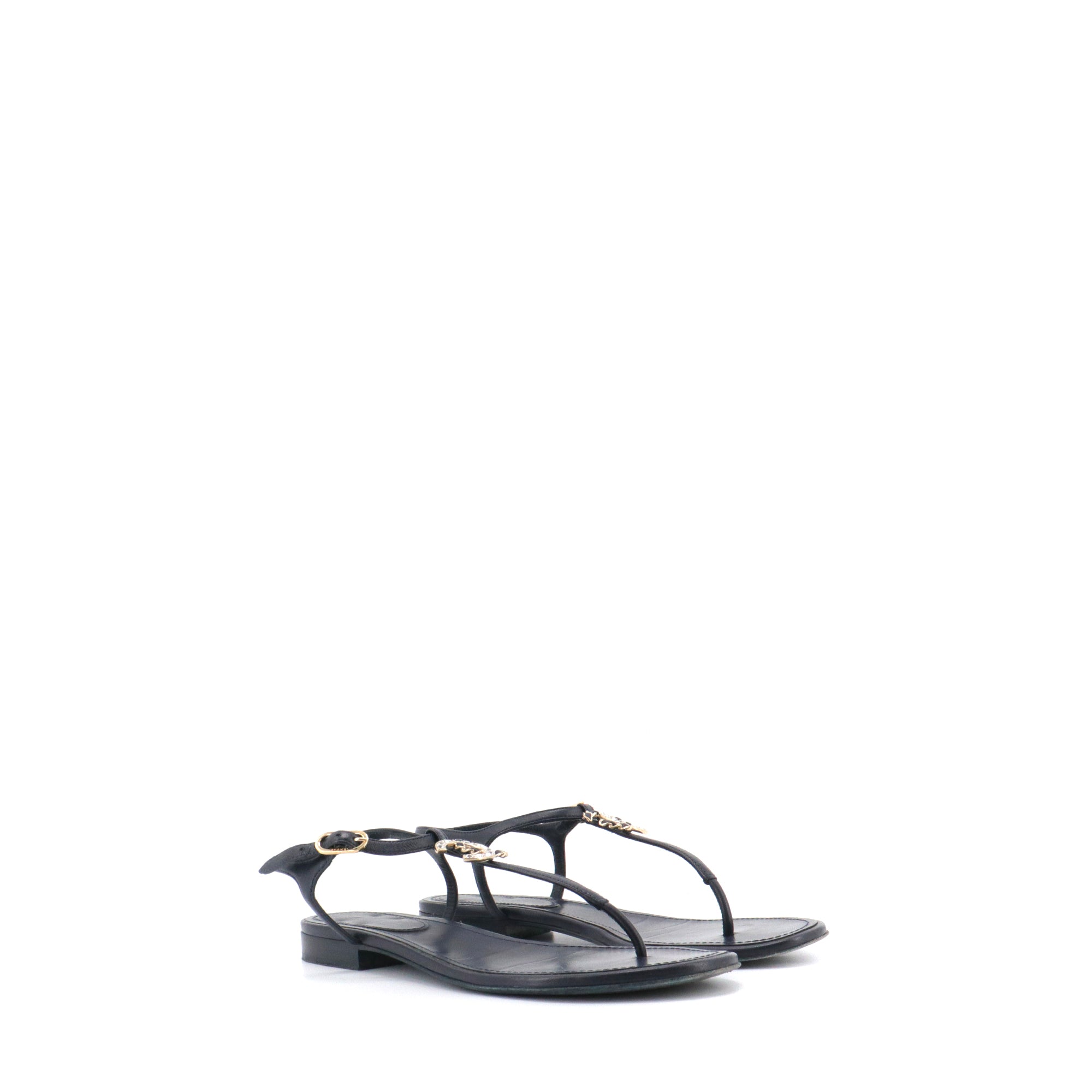 CHANEL - Chanel CC sandals in navy blue leather (size 37.5)