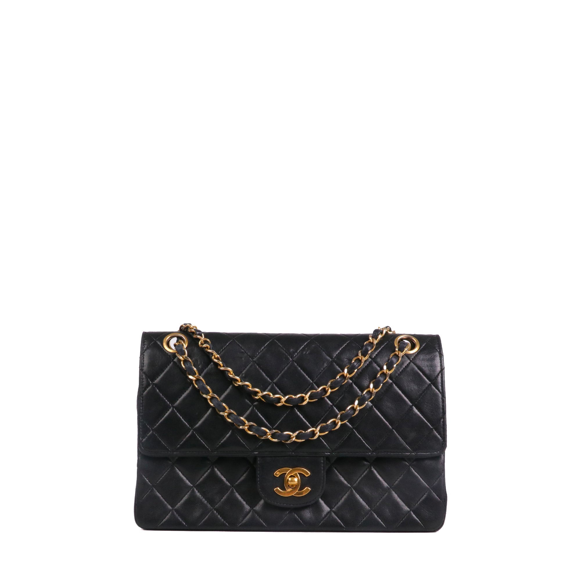 CHANEL - Sac à main Timeless/Classique medium Chanel double flap en cuir matelassé noir vintage