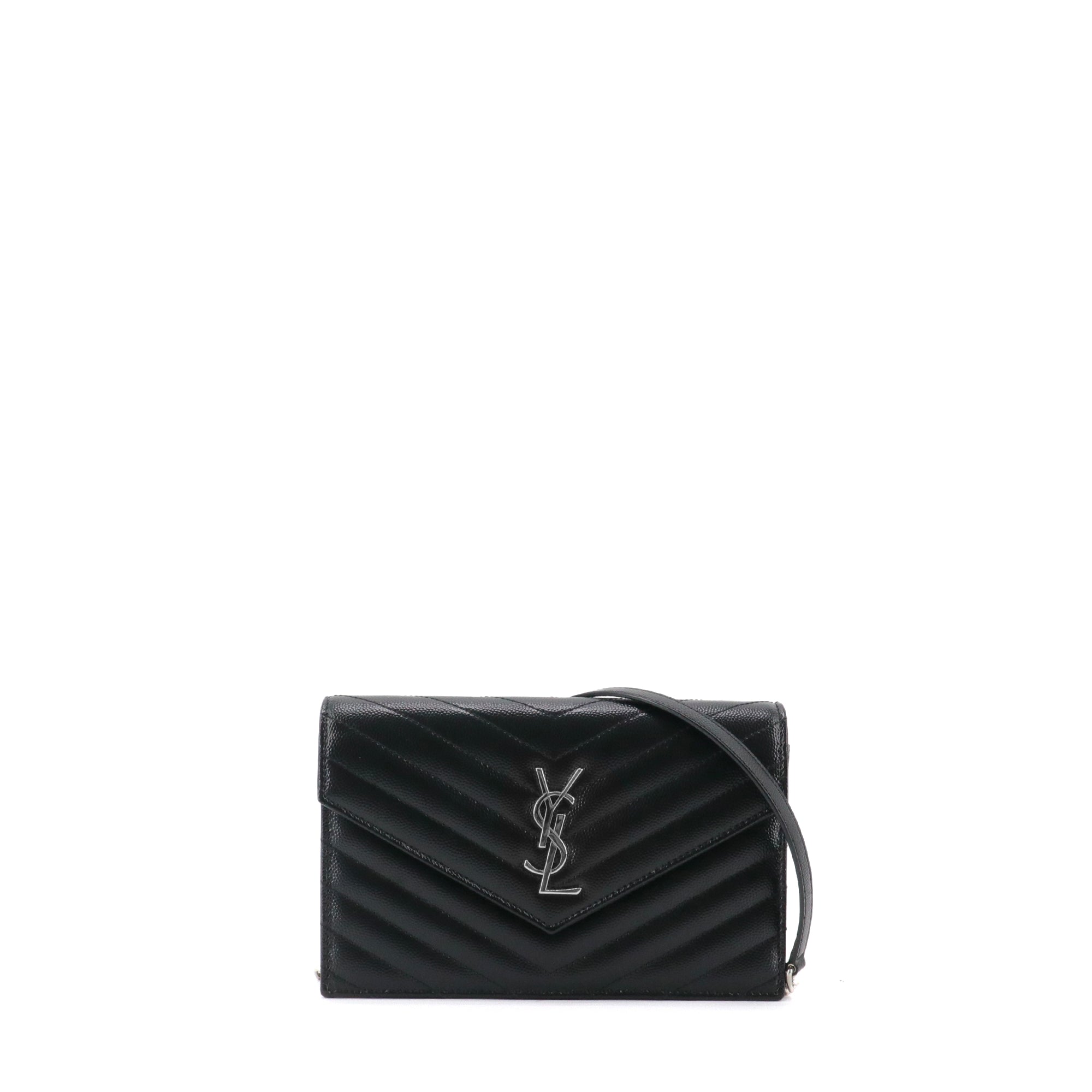 SAINT LAURENT - Sac à bandoulière Wallet on chain Cassandre Saint Laurent cuir grainé chevron noir