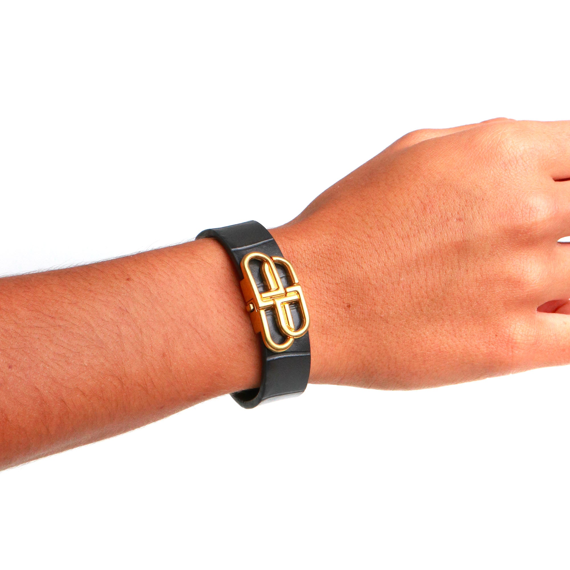 BALENCIAGA - Balenciaga croc-embossed BB bracelet in gray leather 