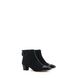 CHANEL - Bottines à talon Chanel en tweed et cuir verni noir (T41,5)