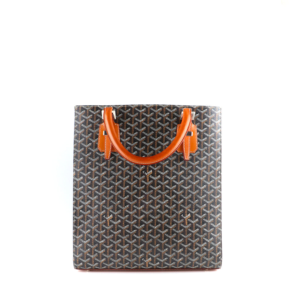 GOYARD - Sac cabas Comores en toile enduite noire et cuir marron