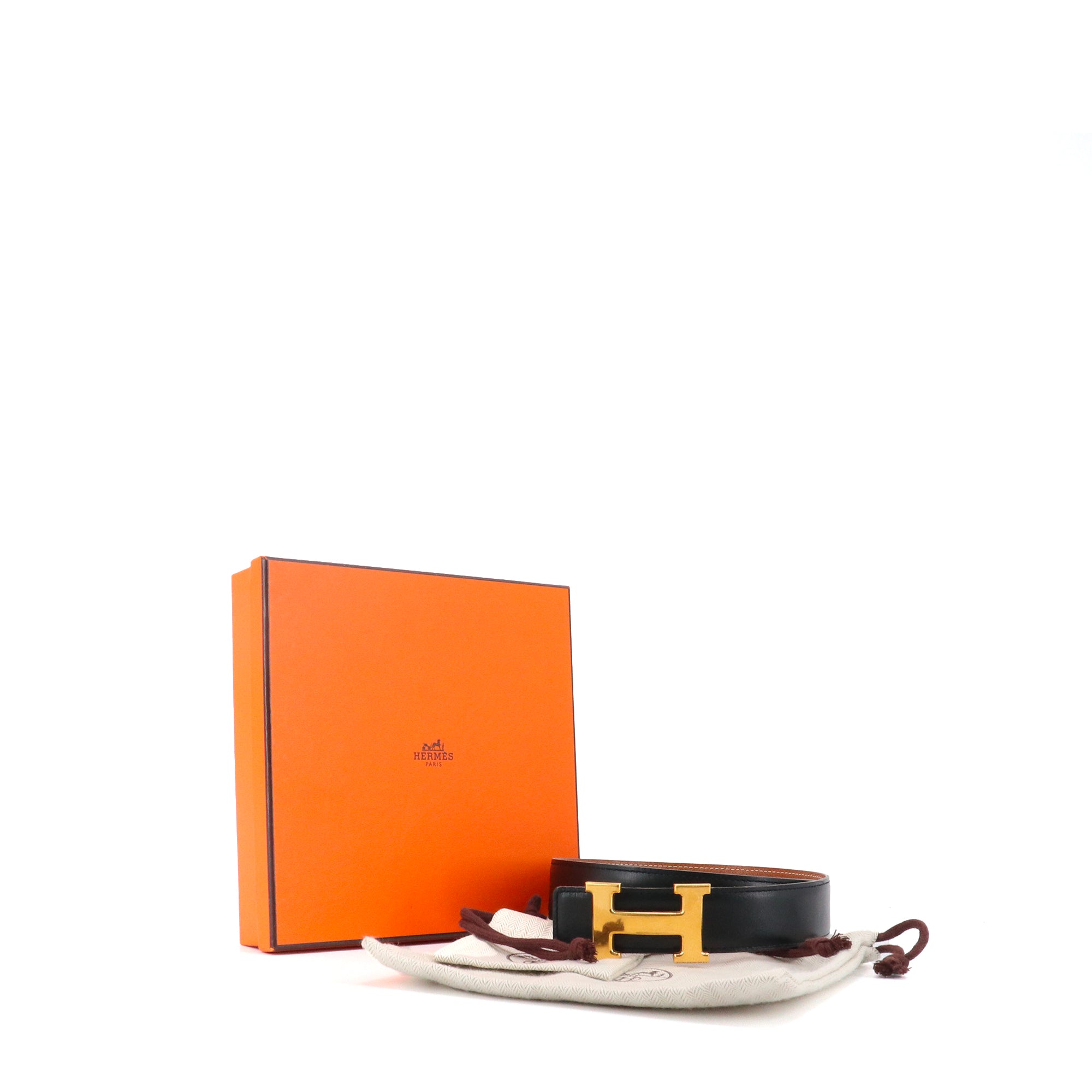 HERMÈS - Hermès reversible H belt in black and gold leather (T70)