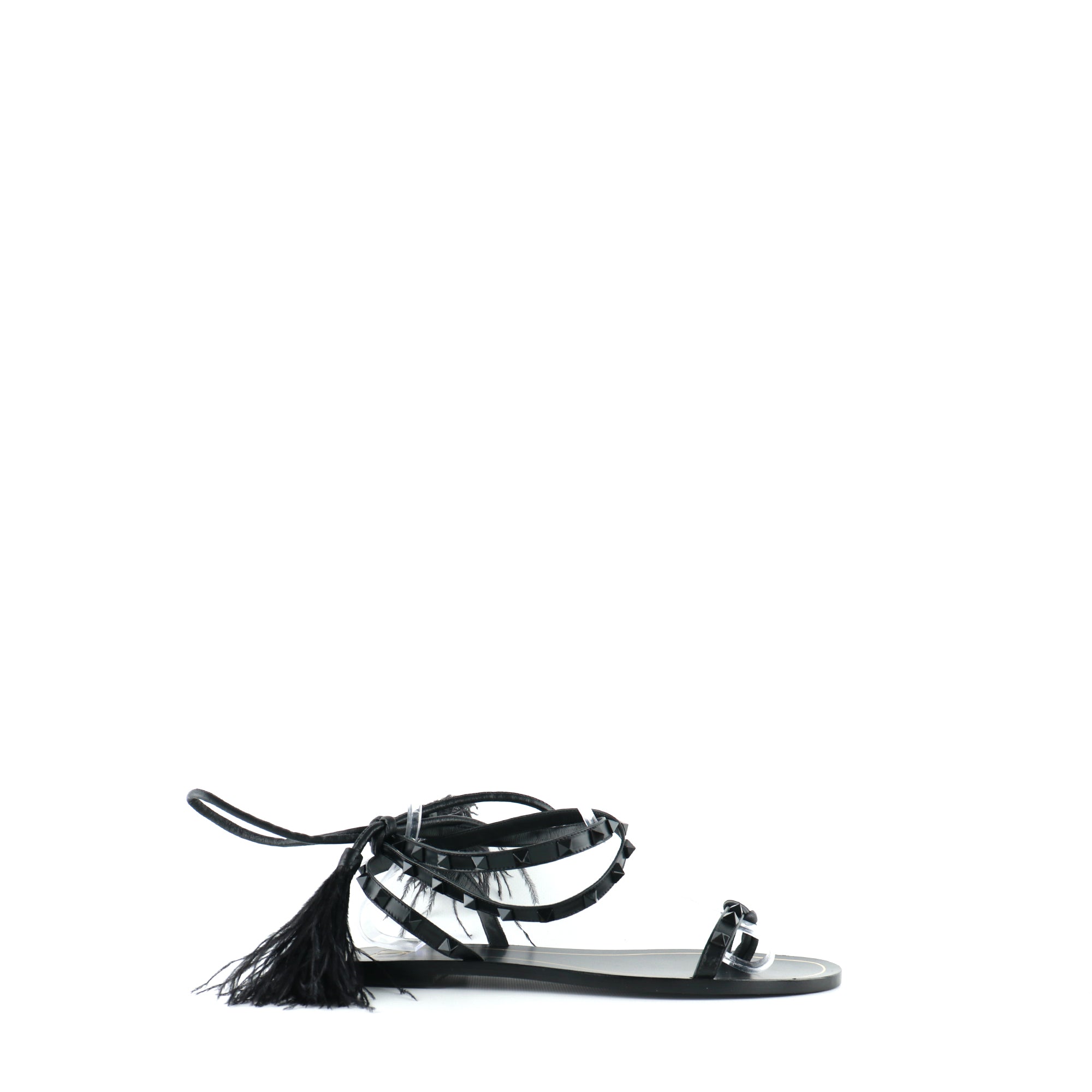 VALENTINO - Rockstud sandals in black leather and ostrich feathers (T41.5)