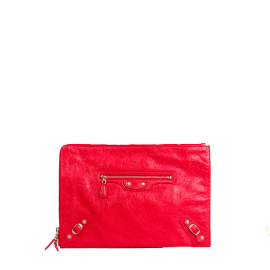 BALENCIAGA - Pochette City Clip Balenciaga en cuir froissé rouge