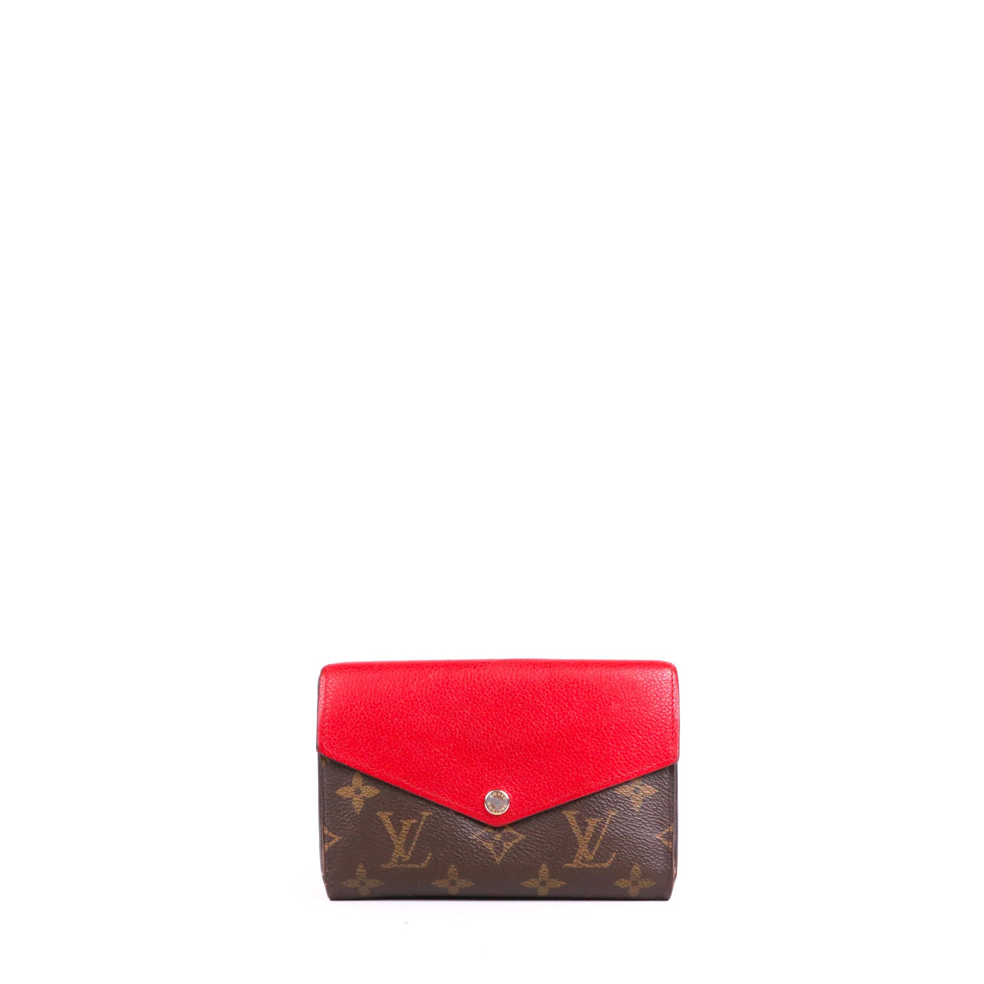 LOUIS VUITTON - Portefeuille Compact Pallas Louis Vuitton en toile monogrammée et cuir grainé rouge