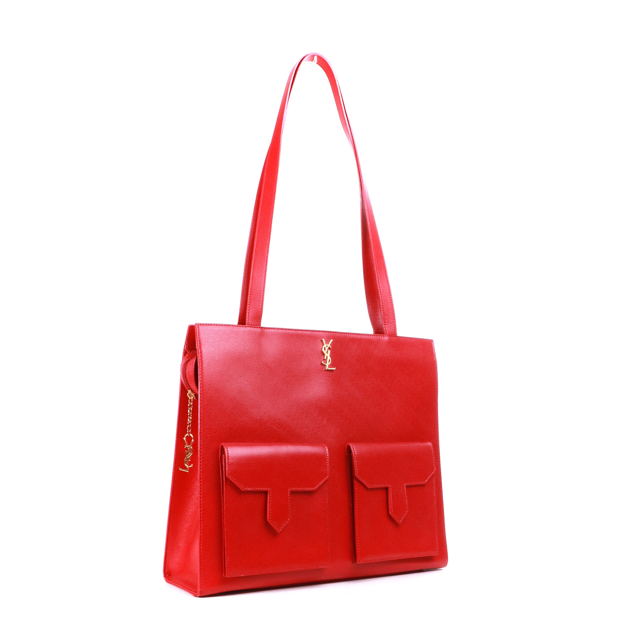 SAINT LAURENT - Sac cabas plat Yves Saint Laurent vintage en cuir grainé rouge