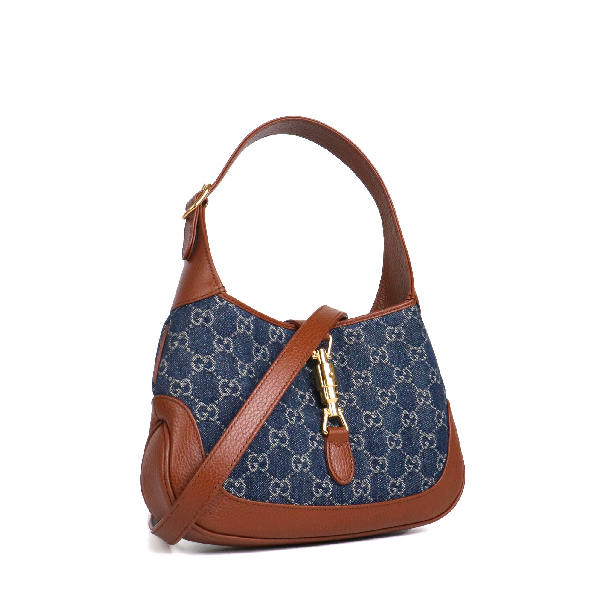 GUCCI - Sac à bandoulière Jackie 1961 Gucci petite taille en denim et cuir grainé marron