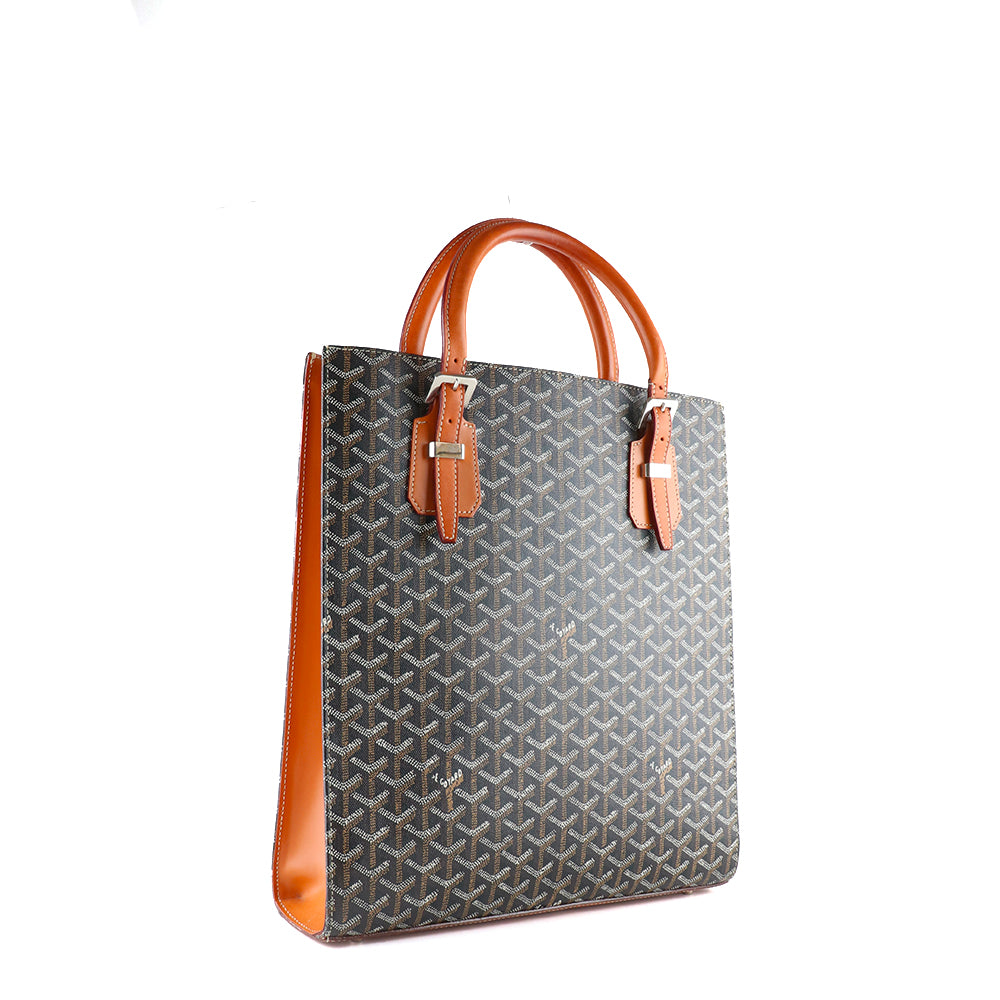 GOYARD - Sac cabas Comores en toile enduite noire et cuir marron