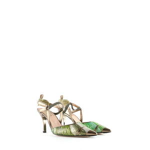 FENDI - Escarpins Colibri Lite en cuir doré et toile verte (T38,5)